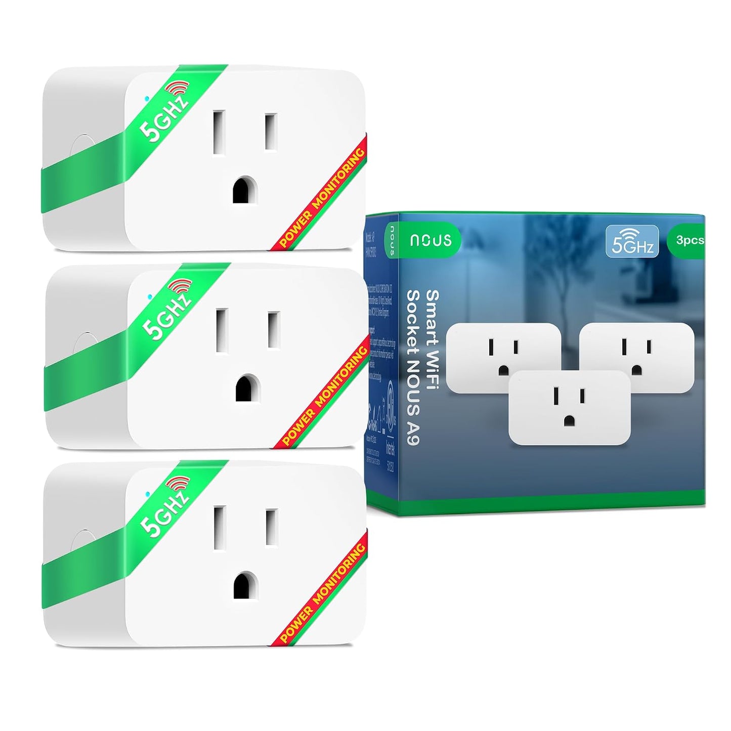 NOUS Wi-Fi Smart Plug 15A, Dual-Band 2.4GHz & 5GHz, Energy Monitoring, Compatible with Alexa, Google Home, Tuya App, Remote Control, Timer, Compact Design, Smart Outlet, 3 Pack