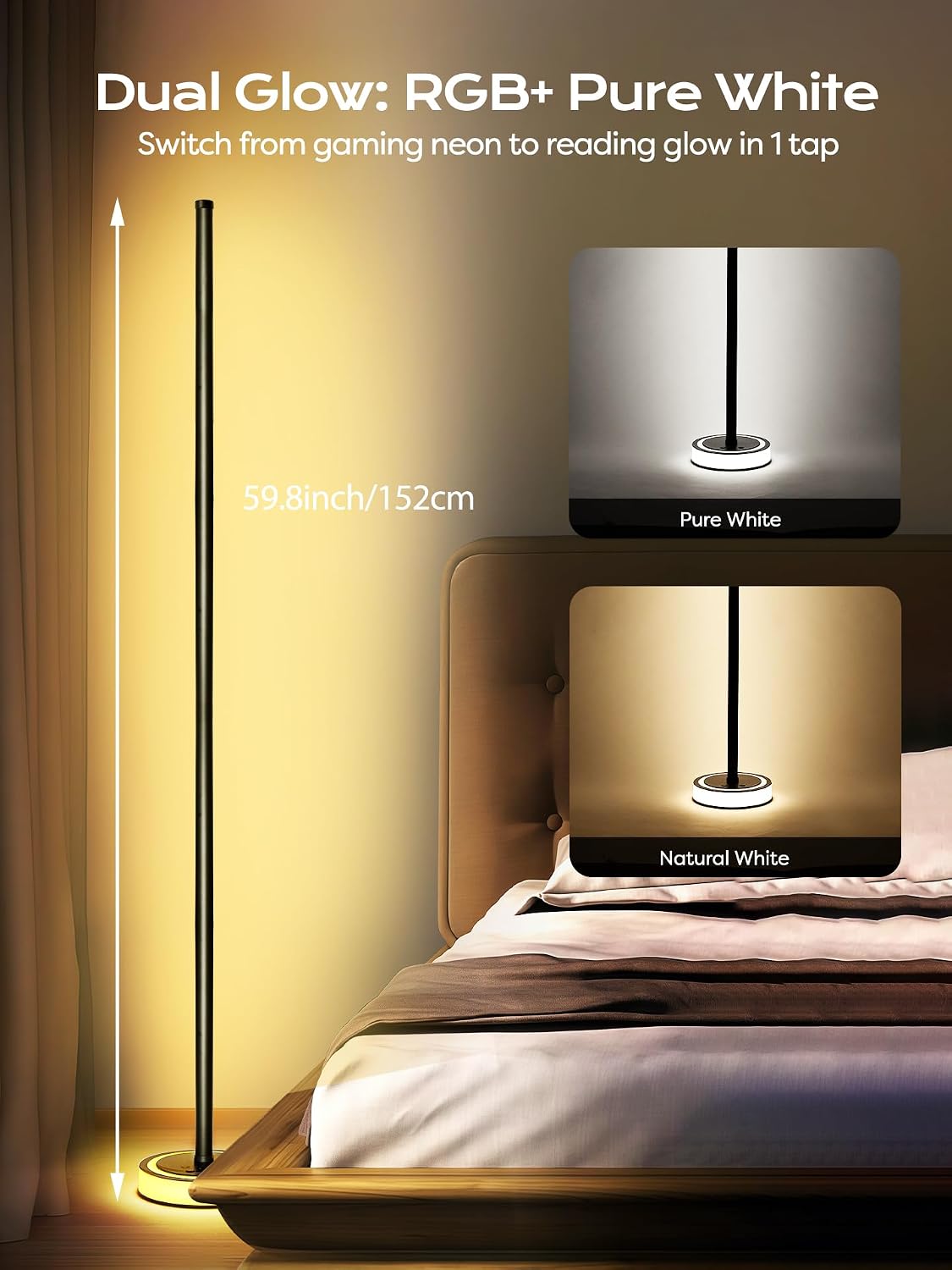 Smart Corner Floor Lamp, RGBICW LED Standing Lamp with App Control, 16 Million Colors with Music Sync, Dimmable Ambient Light for Bedroom, Living Room, Home Decor (Black)