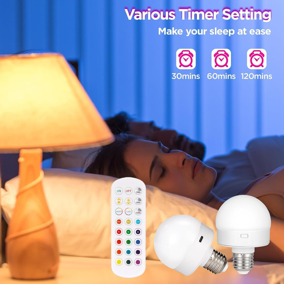 Yochoice Rechargeable Battery Operated Light Bulb with Remote, 2-Pack