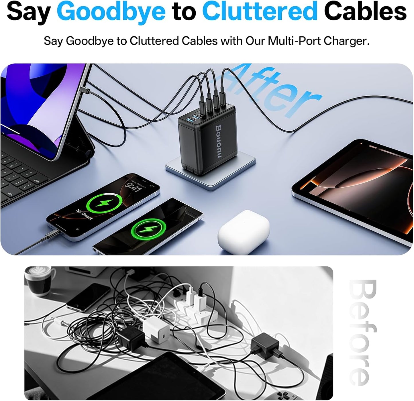 2 Pack USB C Charger Block with 4 USB Cables 120W GaN Type C Fast | Charging 6 Port Foldable for iPhone 17/16 Series, Pixel, iPad, Samsung Galaxy Series (Black)