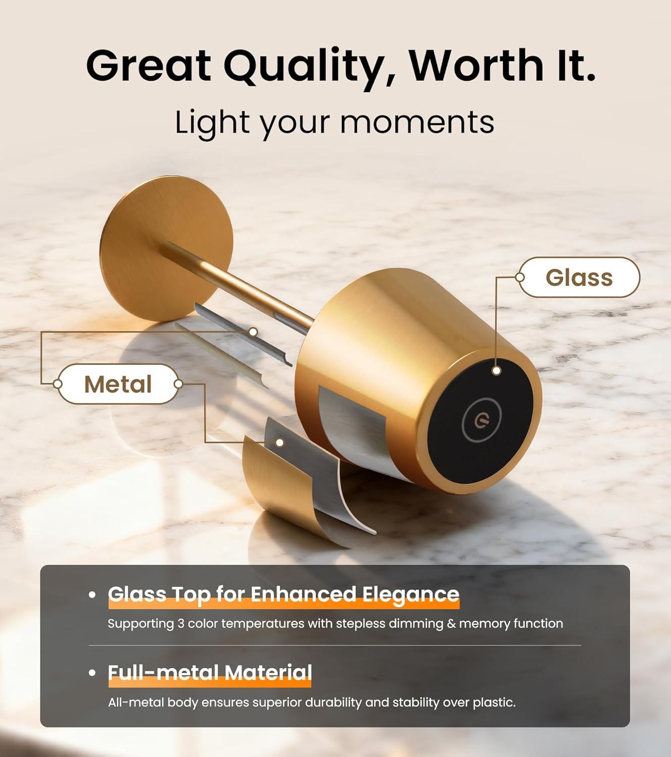 3 Pack Cordless Table Lamp, Portable Battery Operated Lamp with 3 Color Temps and Stepless Dimming, Rechargeable Table Lamp for Dinner, Desk, Cafe, Outdoor (Brushed Gold)