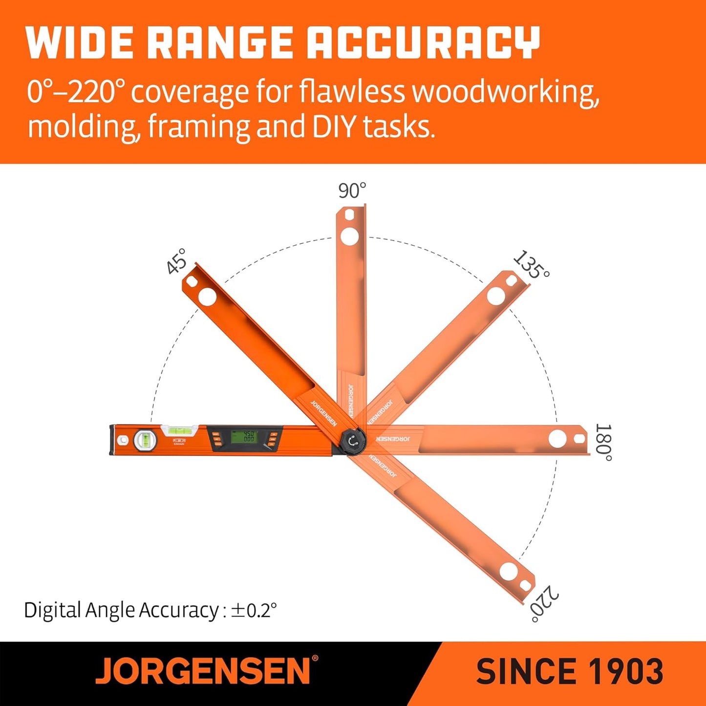 JORGENSEN Digital Angle Finder, Protractor Digital Level | Simple & Compound Miter Cuts;Portable Hanging Hook;Data Hold Function;4 Measurement Units;Easy Unit Switching