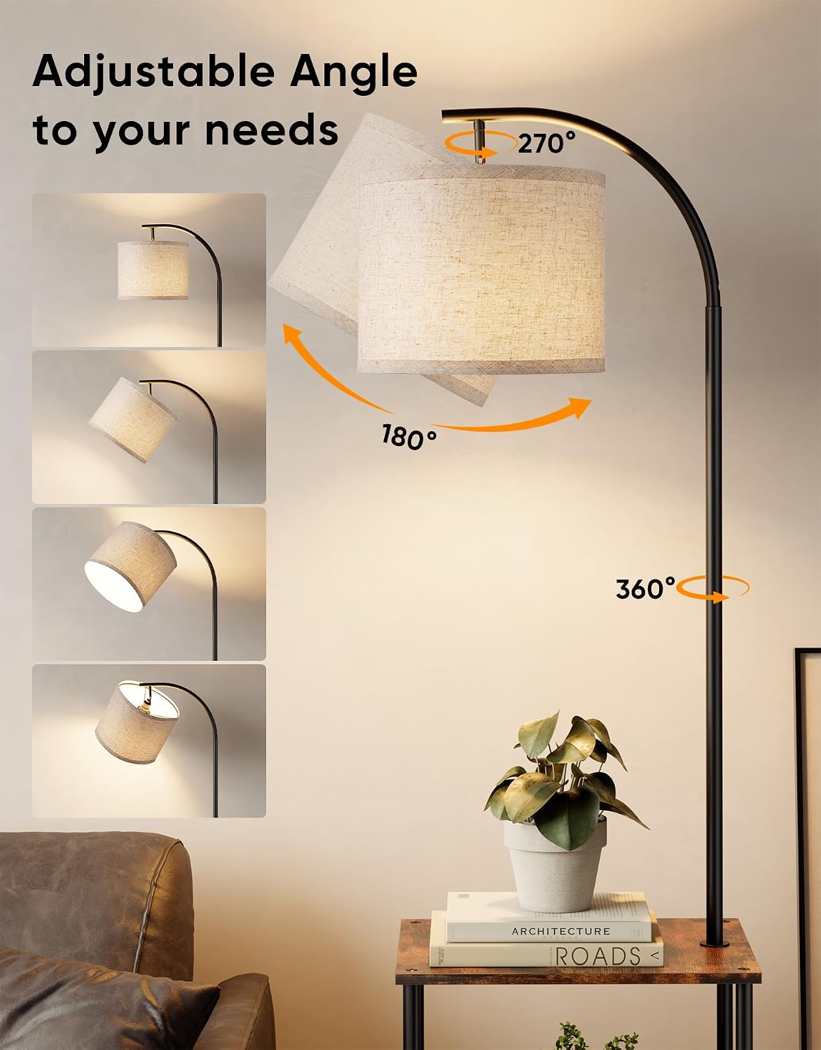 PARTPHONER Floor Lamp with Table, Night Stand with Lamp, Narrow Side Table with 3CCT LED Bulb, Small Coffee Table, Modern End Table with Storage Shelves for Living Room Bedroom Home Décor