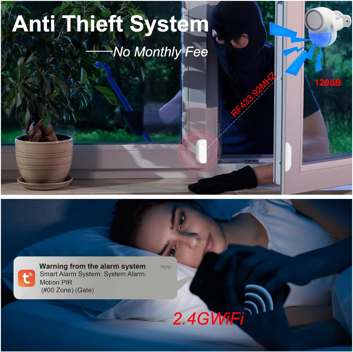 WiFi PIR Motion Detector Alarm with 4 Door Sensors and 2 Remote, Home Alarm System with Phone APP Alert for Home Ranch Van Carport Shop120db Extra Loud