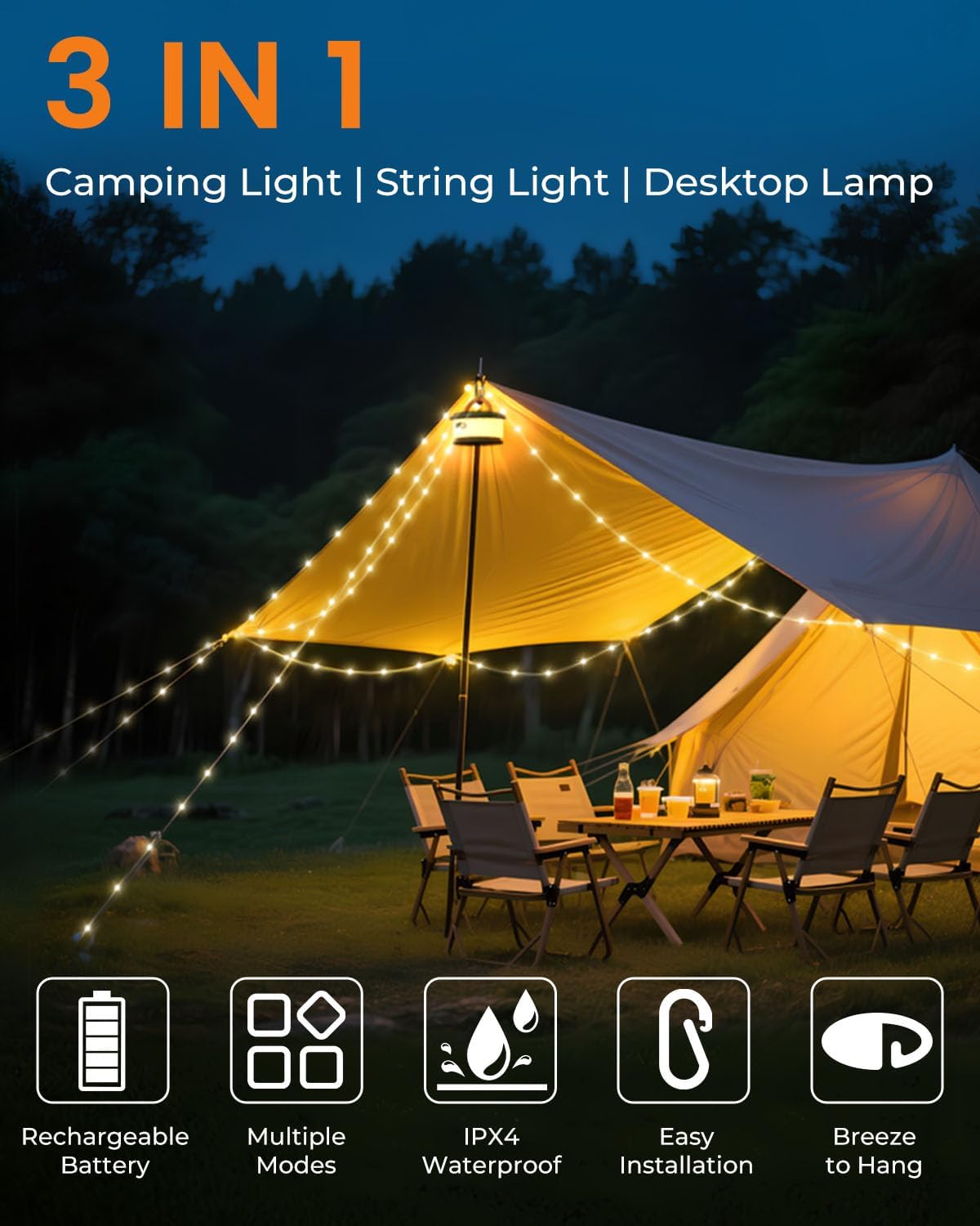 Camping String Lights, Retractable 32.8FT Rechargeable Fairy Light | Quick Storage RGB Flash Lamp Outdoor Waterproof, Portable Hanging Lantern for Outside Tent Patio Awning Garden RV Essentials