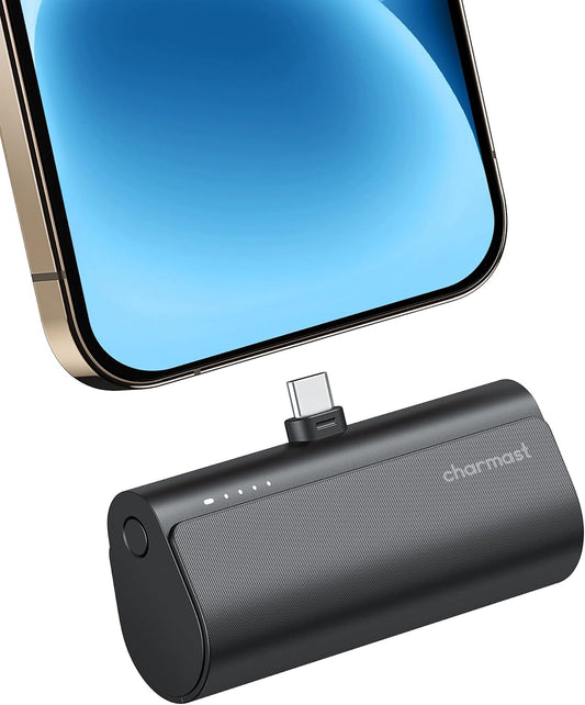 charmast Mini Portable Charger USB-C Connector, 5000mAh Small Power Bank | Lipstick-Size Battery Pack for iPhone 17/16/15 Samsung Android, Lightweight, Purse Ready, Direct Plug-in, 20W Fast Charging
