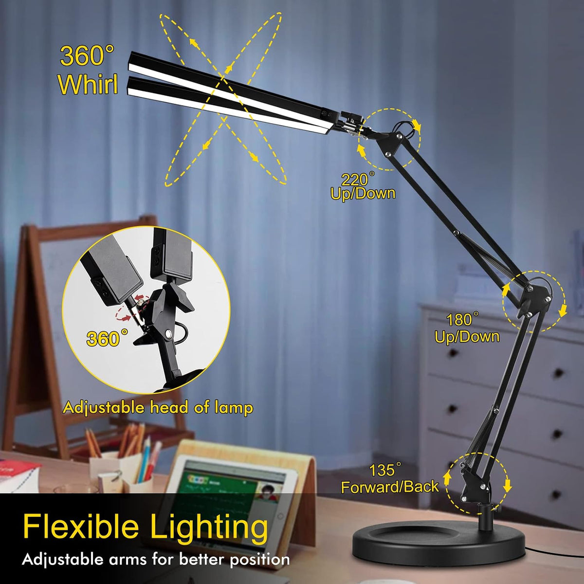 2-in-1 LED Double Head Desk Lamps for Home Office,24W Brightest Workbench Light,Eye-care Architect Desk Lamp with Clamp Base,3 Colors 10 Dimming Swing Arm Computer Desktop Light for Reading/Study