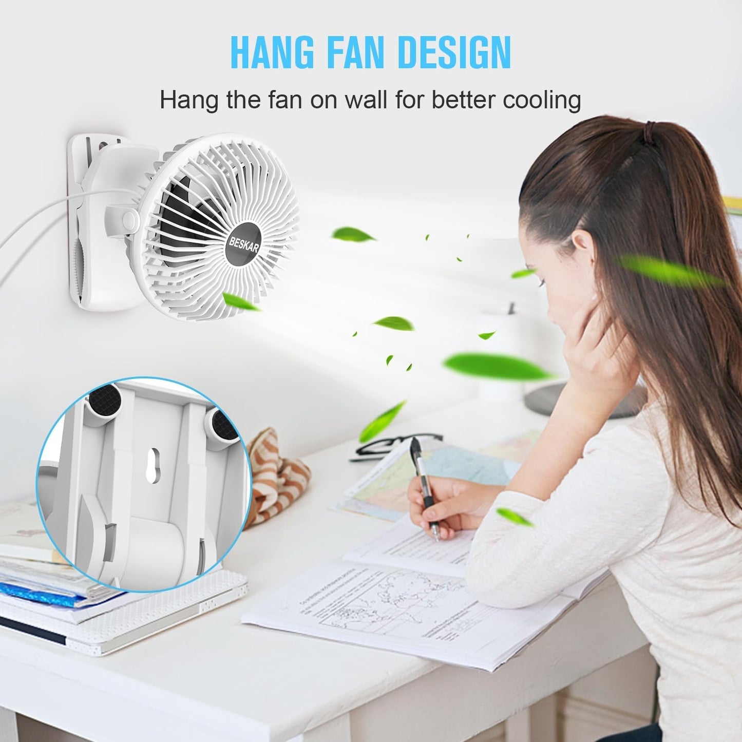 BESKAR USB Clip on Fan, Portable Small Desk Fan with Cord Powered | 3 Speeds Strong Airflow, Sturdy Clamp, Ultra Quiet Personal Cooling Fan for Office Dorm Bedroom Stroller