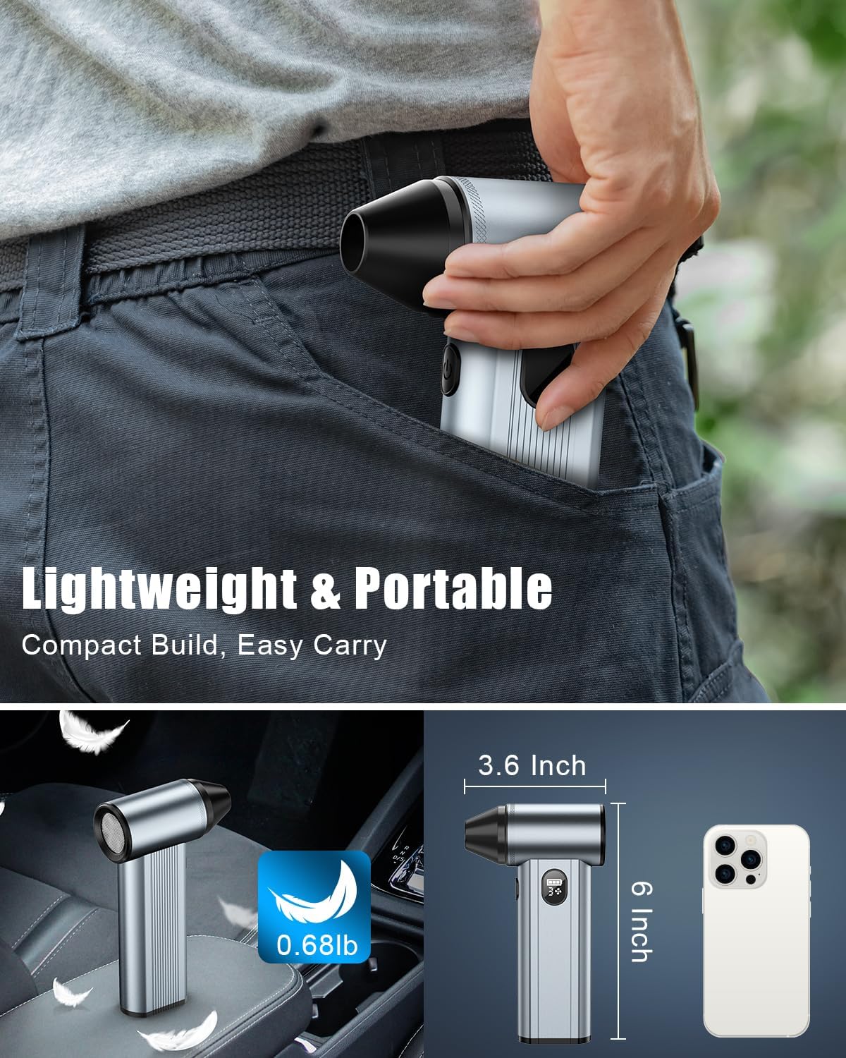 Compressed Air Duster with150,000RPM Brushless Motor, 8000mAh Battery, LED Light, 4-Gear Adjustable Electric Air Blower for Home, Car, Computer, Outdoor, Camera Len