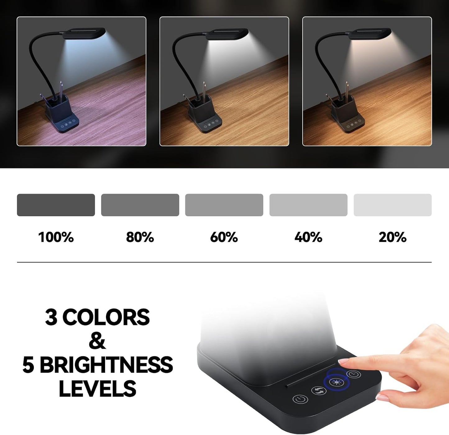 AXX LED Desk Lamp with USB Charging Port for College Dorm Room | for Home Office Bedrooms, Back to School, Black, Small, 650LM, Pen Holder, Timer Settings, Gooseneck, Study Light