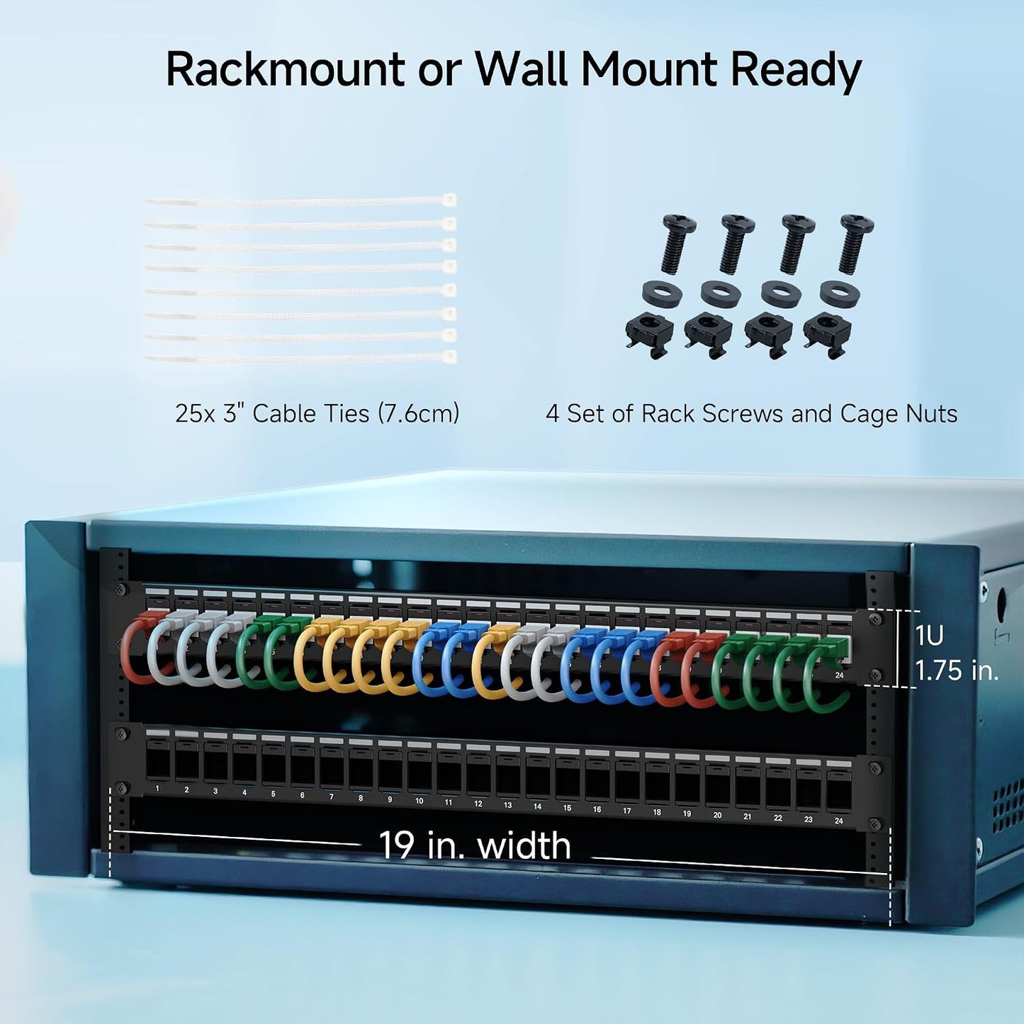 Cable Matters 1U 24 Port Keystone Patch Panel with Cable Management | With Support Bar, Rackmount or Wall Mount, 19-Inch Black Patch Panel for Keystone Jacks