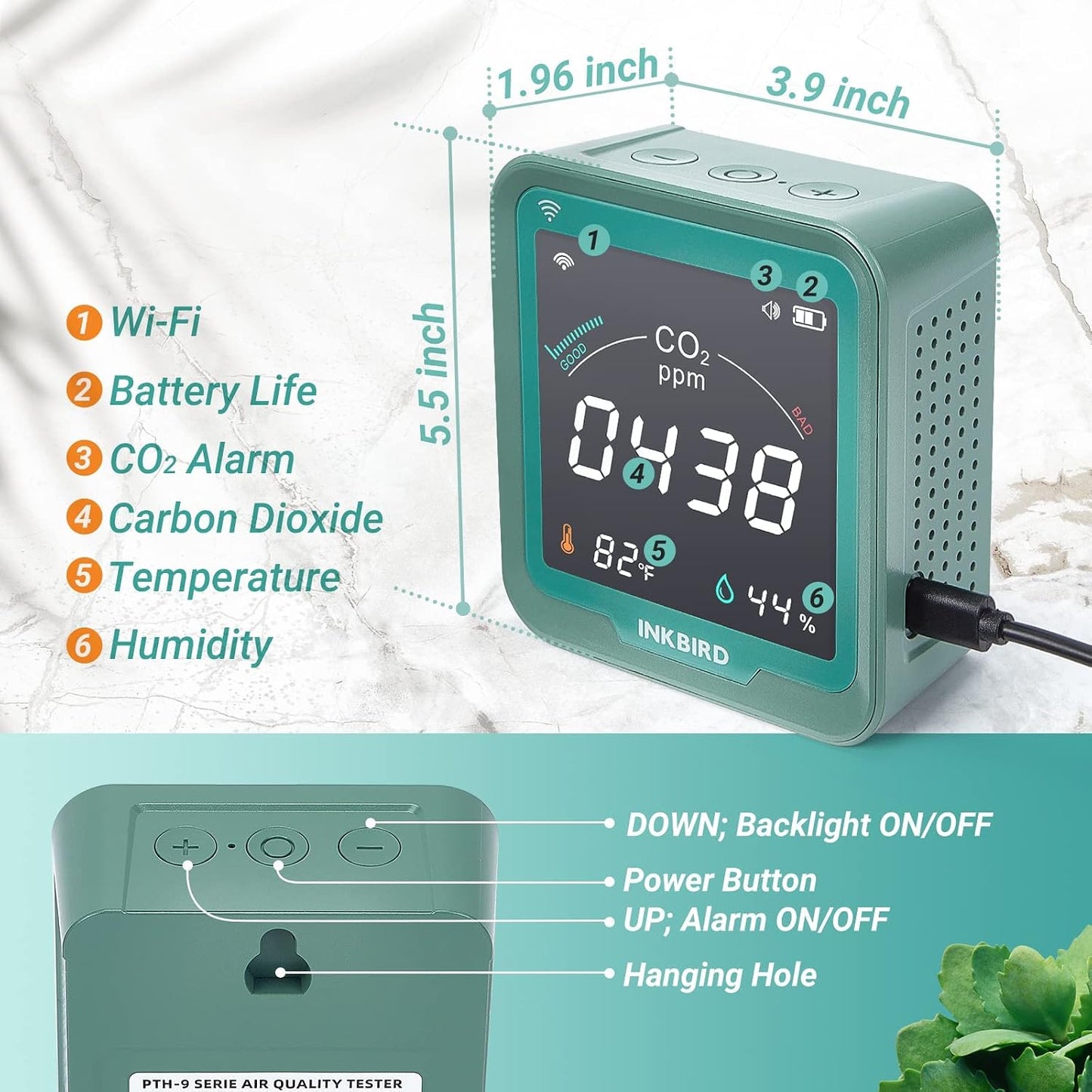INKBIRD WiFi Air Quality Monitor Indoor Smart NDIR Sensor Detector for CO2 | Battery Powered and Data Logger, Detector for Carbon Dioxide & Temperature & Humidity | for Home, Office, Grow Tent, Cellar