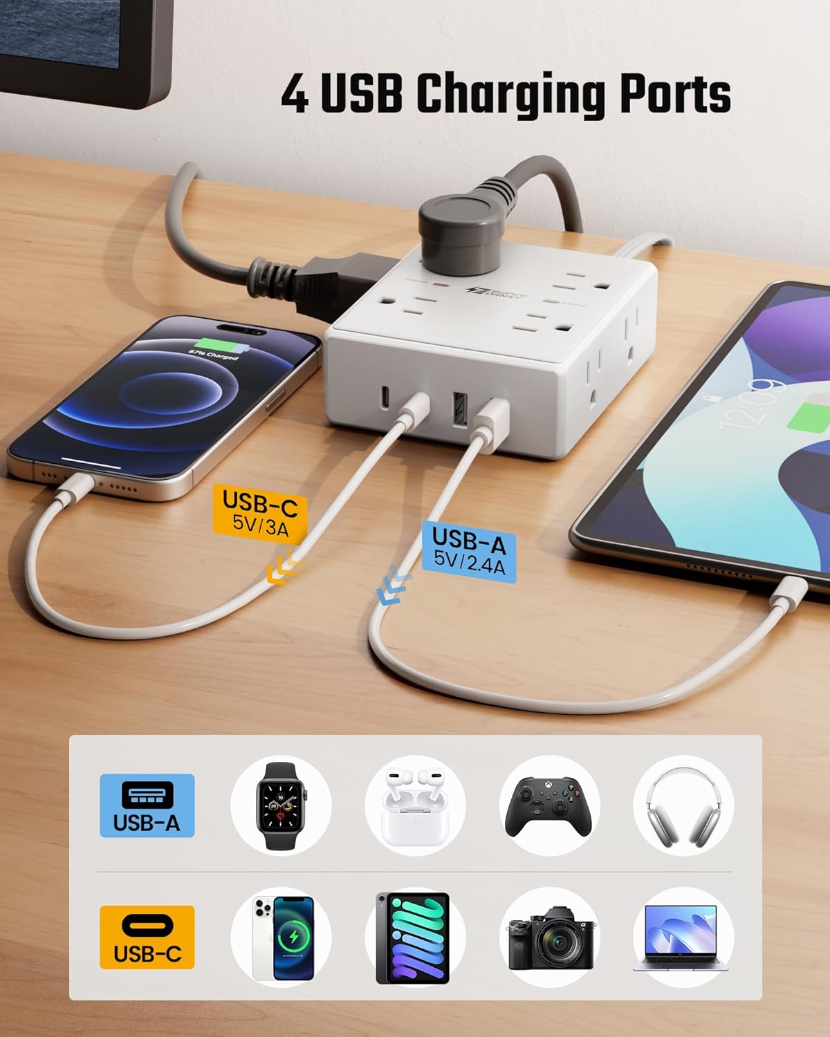 SUPERDANNY Extension Cord,Flat Plug Surge Protector Power Strip,10Ft | 8 AC & 4 USB Ports (2 USB C),Surge Protector with 1050J,Desk Charging Station for Home Office,College Dorm Room Essentials