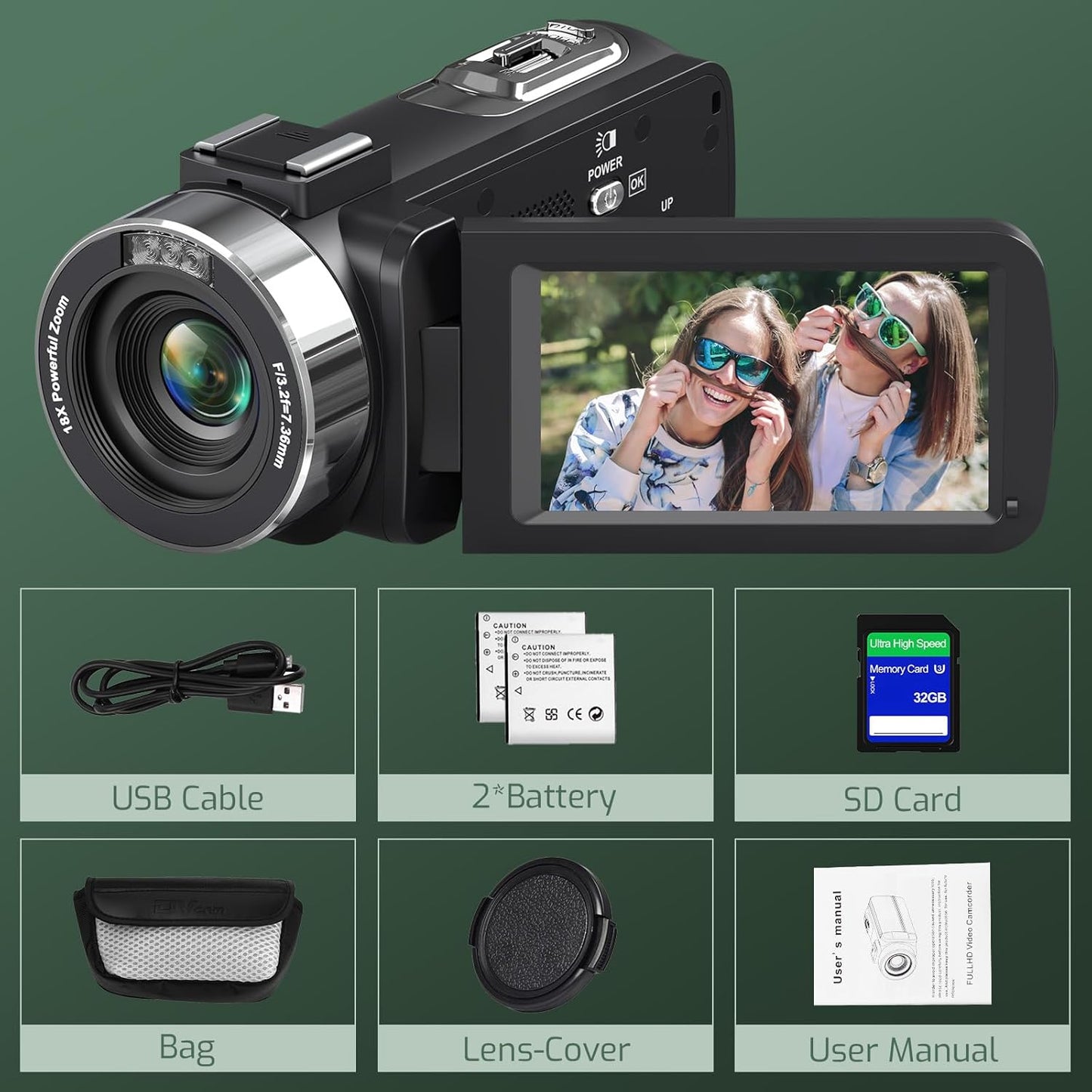 4K Video Camera Ultra HD 80MP Camcorder for YouTube Vlogging Webcam | 18X Digital Zoom, 3.0" 270° Rotatable IPS Screen, IR Night Vision, Video Recorder With 32GB SD Card, Lens Cap & 2 Batteries