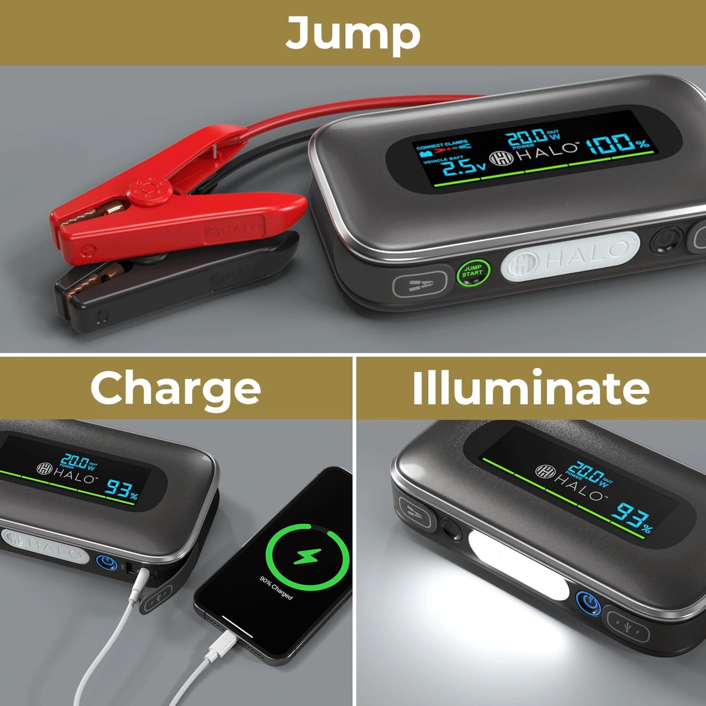 Halo Bolt 1500A Car Battery Jump Starter, Power Bank, LED Light, Silver