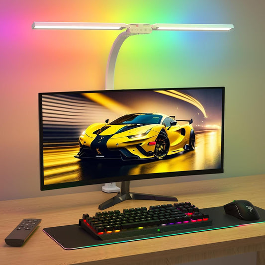 SIBRILLE Upgraded LED Desk Lamp for Home Office with RGB, Rotatable Computer Desk Light with Remote, Tall Table Lamp with Clamp for Working, Dimmable Dual Head Task Lighting for Monitor PC, 22W