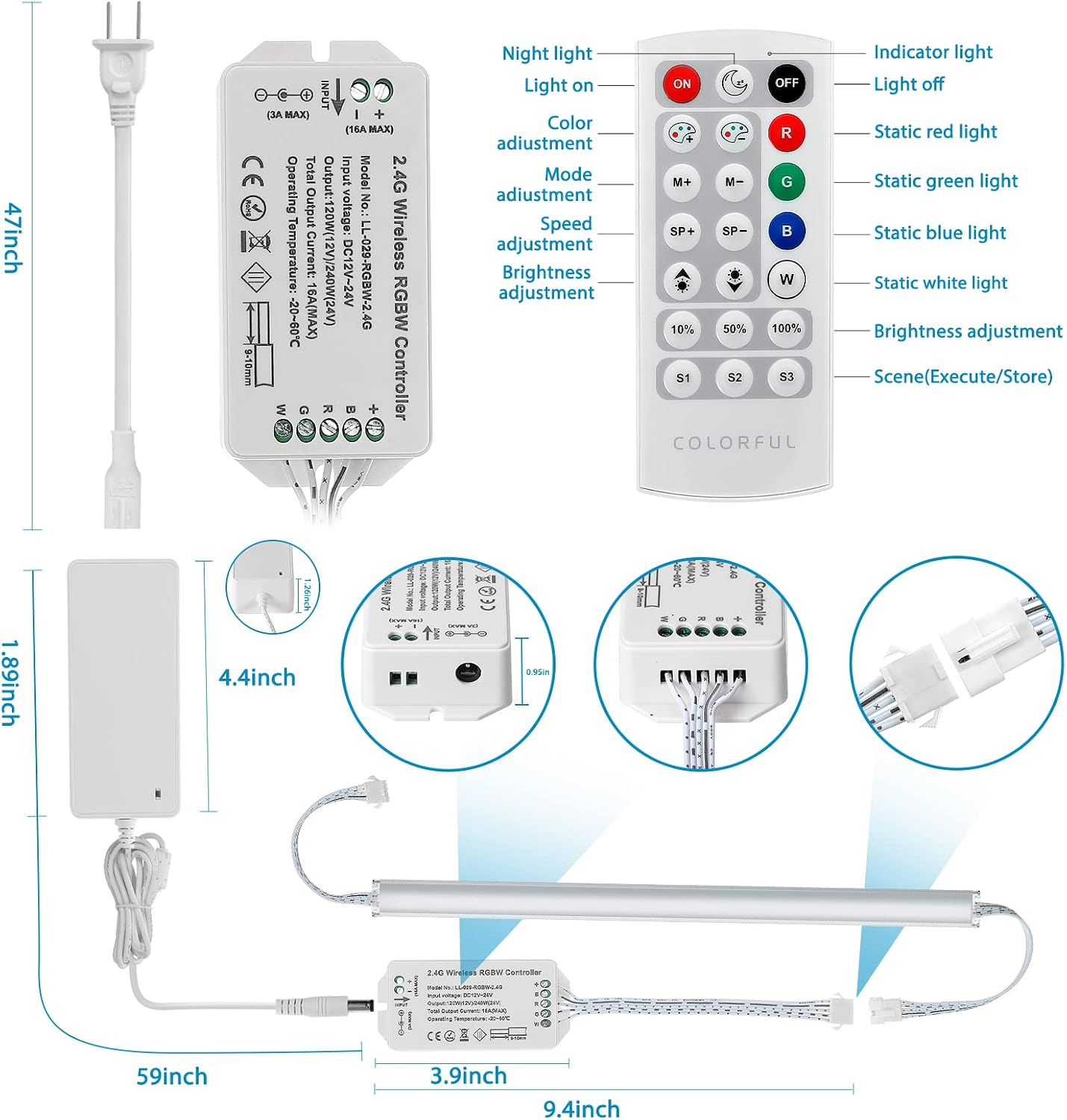 Under Cabinet LED Lighting RGB Color Changing &amp; Super Bright White Light | Dimmable with Remote. 6 pcs Linkable LED Light Strips with Power Supply, Extension Cords. Plug in. Max 24W. RGB + 5000K