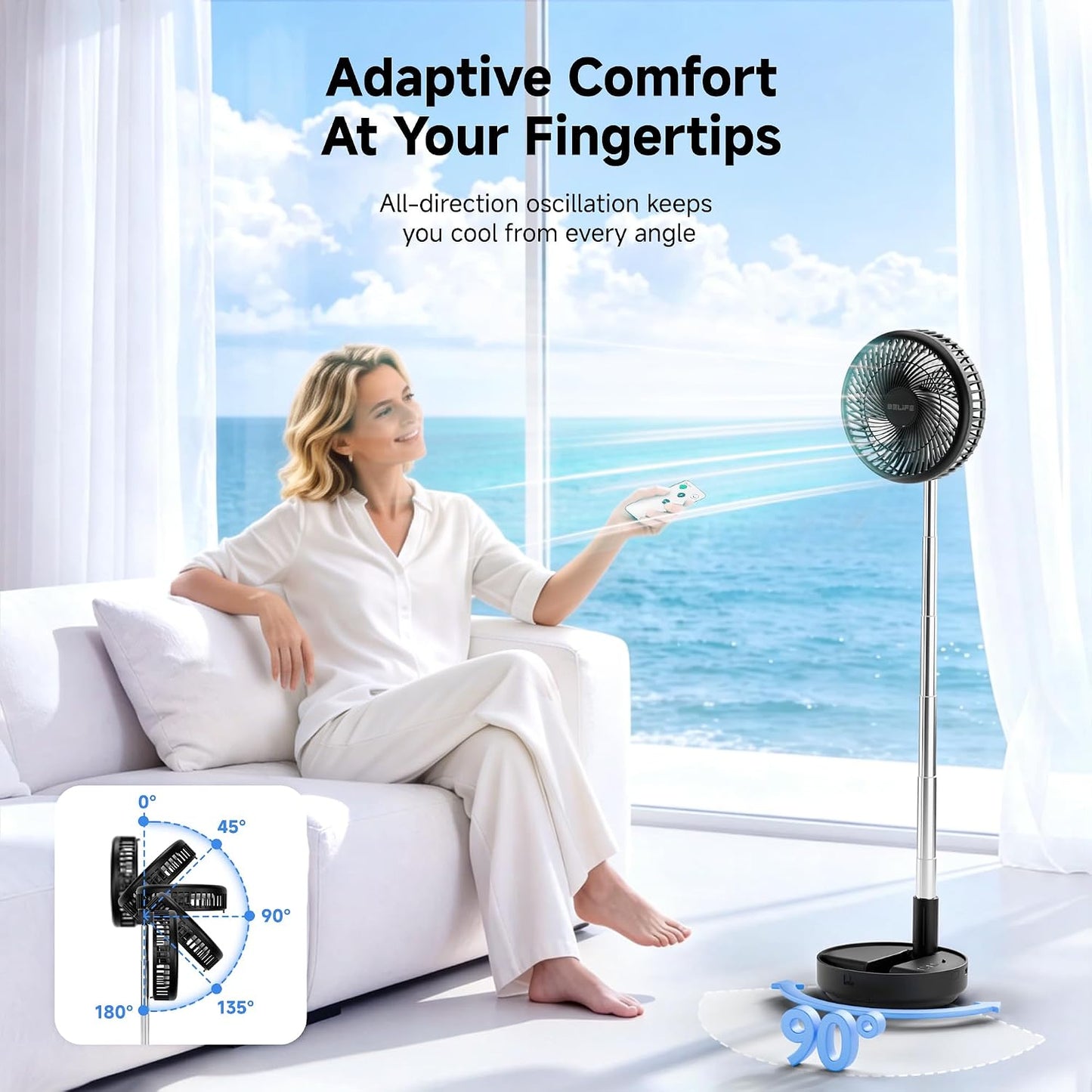 Belife X8 Portable Oscillating Camping Fan for Travel | 7200mAh Rechargeable Battery Powered Fans, USB Desk Fan with Remote, Foldable Cordless Floor Fan for Bedroom, 7.7"