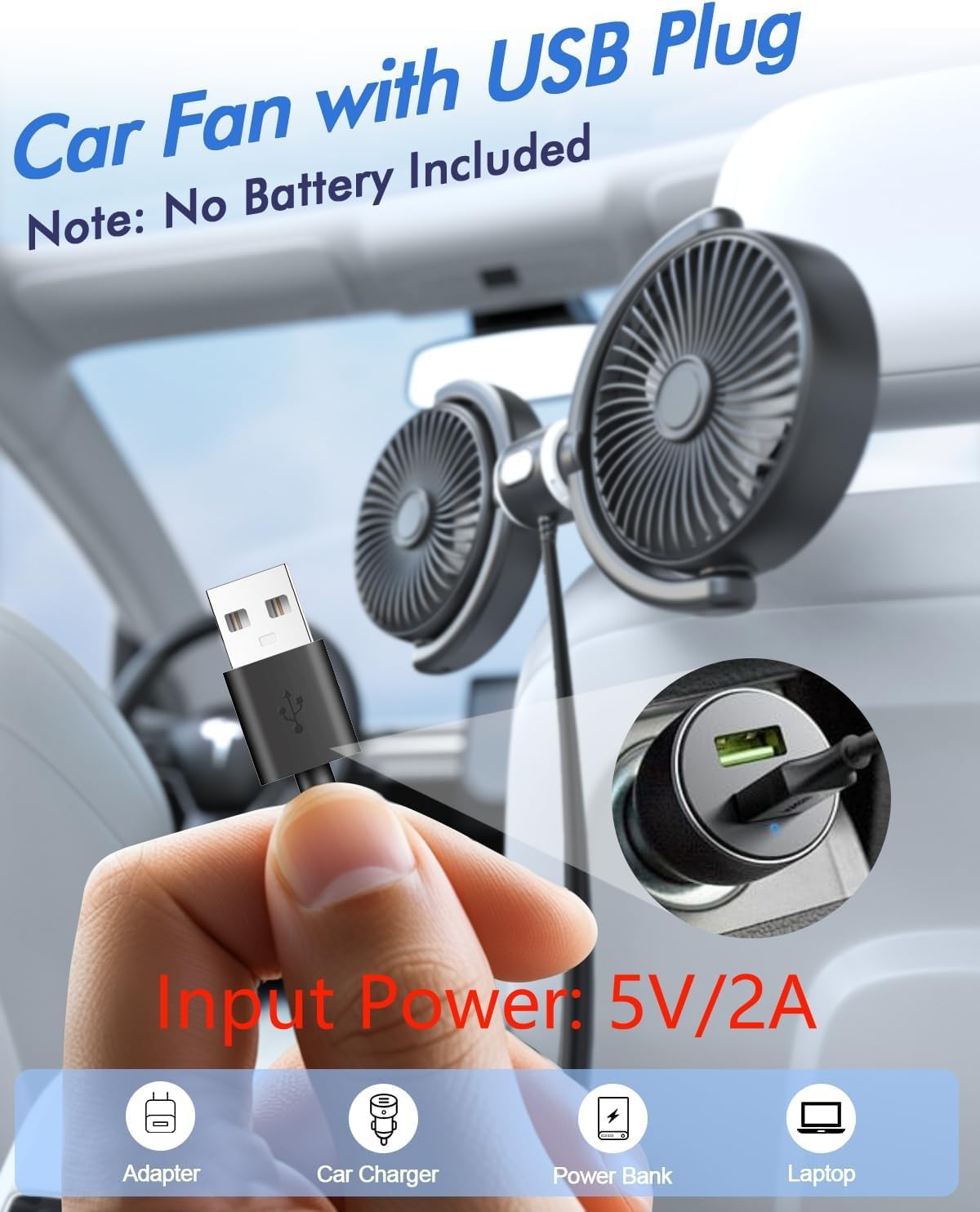 Car Fan USB Powered for Baby Backseat with 3 Speed Separately Controlled | Dual-Head Back seat Fan,Quiet Brushless Motor,360°Rotatable,5V/2A,Air Circulation For Van Truck SUV RV Backrests
