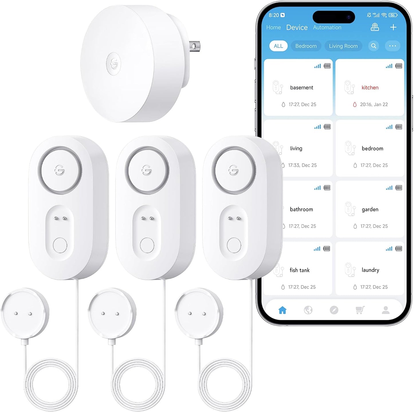GoveeLife Upgraded Smart Water Leak Detector 1s with 4.92 ft Cable, 3 Pack | WiFi Water Sensor with SMS/Email/APP Push and Sound Alarm, 5Yr Battery Life, IP66, Suit for Home, Basement, Kitchen, Cabin/RV
