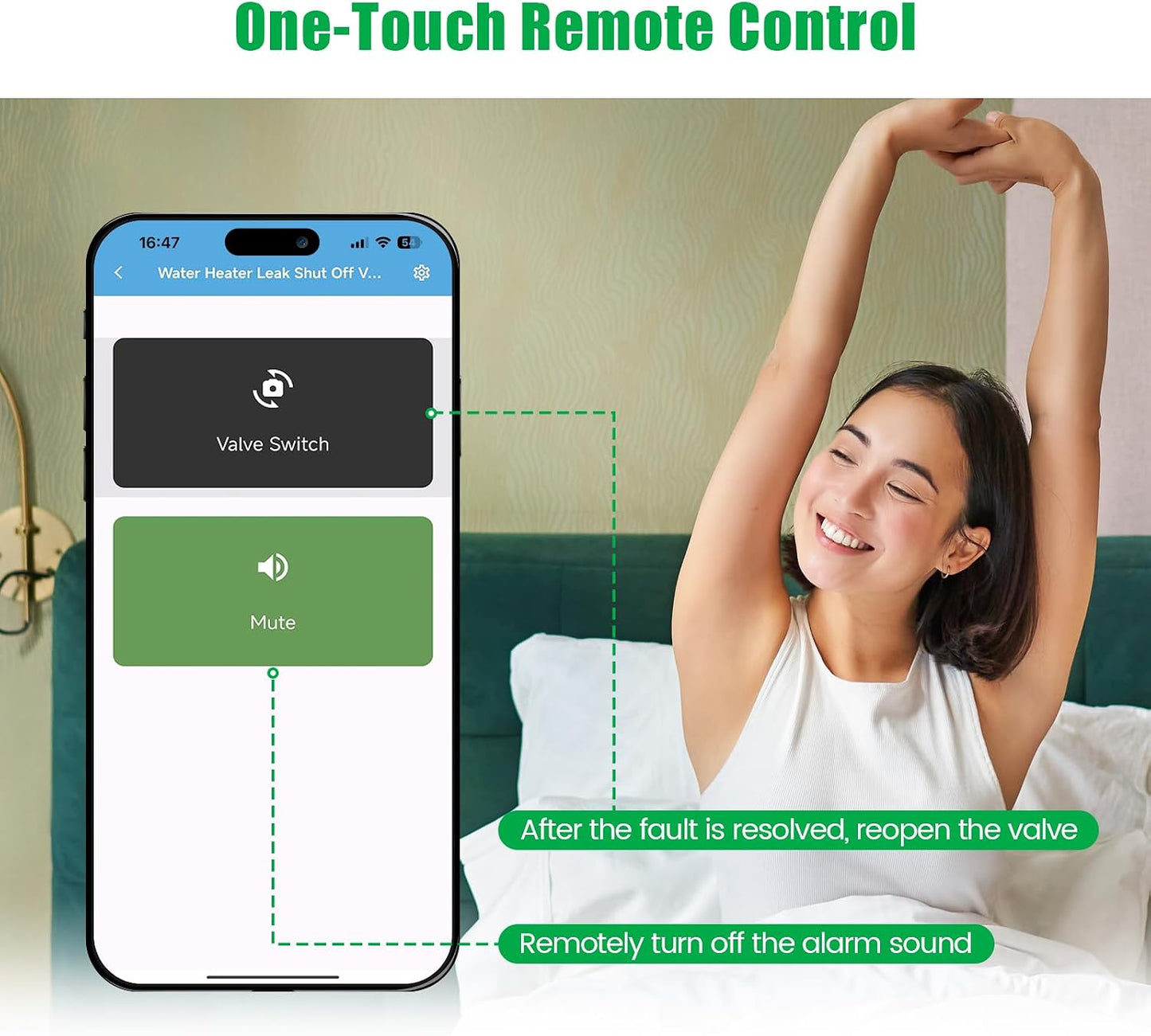 WiFi Smart Water Shutoff Valve with Leak Sensor, 3/4" Brass Valve & Extra Hose, Effortless Remote Control and Real-Time Water Leak Alerts via App, White
