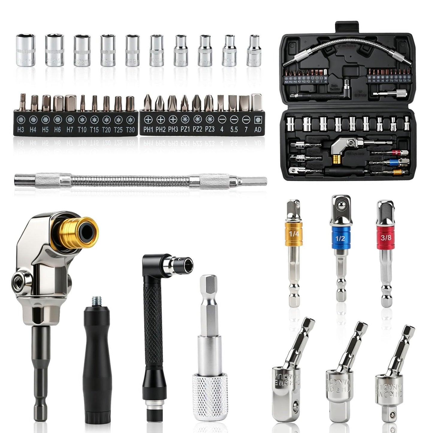 39PCS Flexible Drill Bit Extension Set | Includes 105° Right Angle Adapter, 4-12mm Metric Sockets, Screwdriver Bits, Double Head Drive with Storage Case