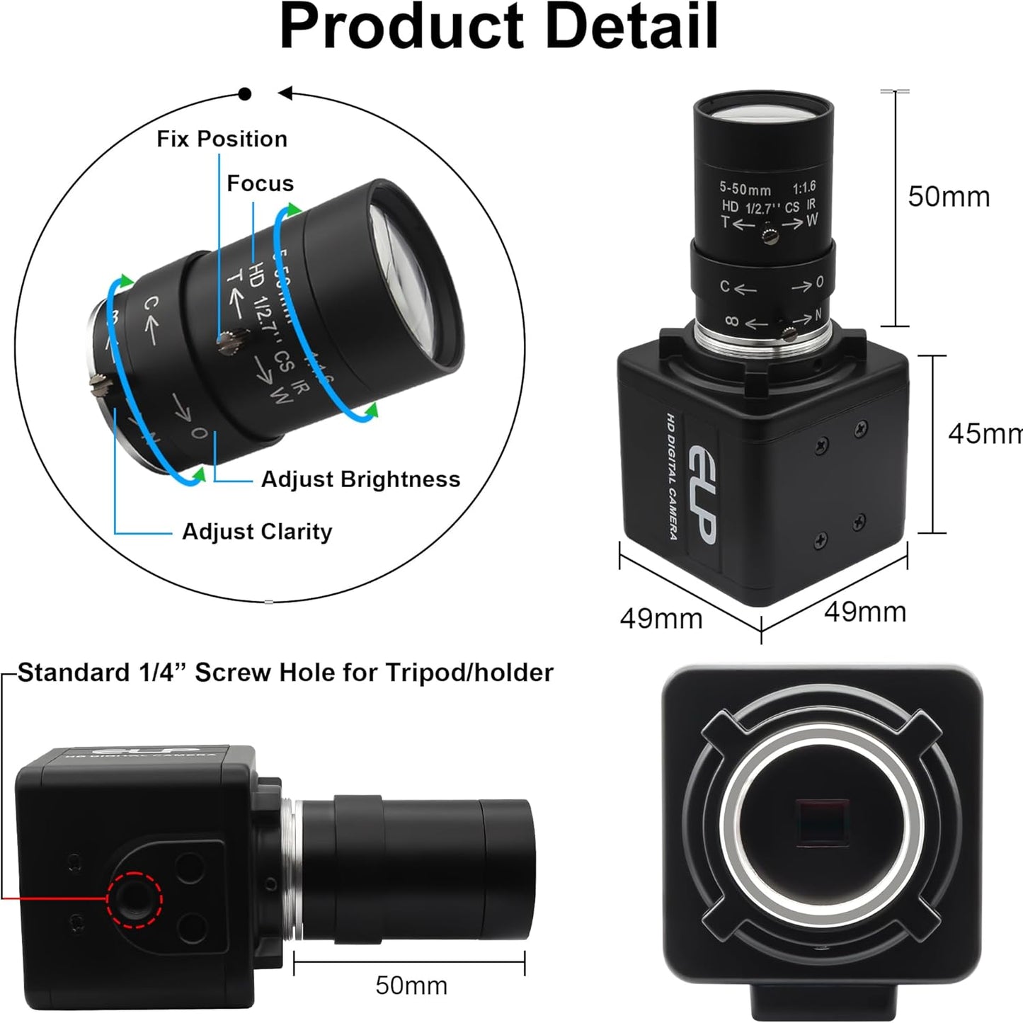 USB Camera 16 Megapixes High Resolution 5K USB Webcam with CS Mount 5-50mm Manual Varifocus Lens Close UP OpenCV Camera Free Driver Plug and Play for Windows Linux Laptop Jetson Nano