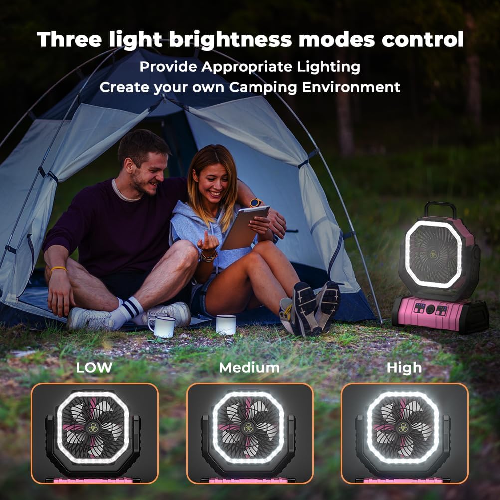 Camping Fan - 20000mAh Battery Powered Fan Rechargeable with LED Lantern - Portable Outdoor Tent Fans with Hanging Hook 4 Speeds Wind Remote Control, Pink