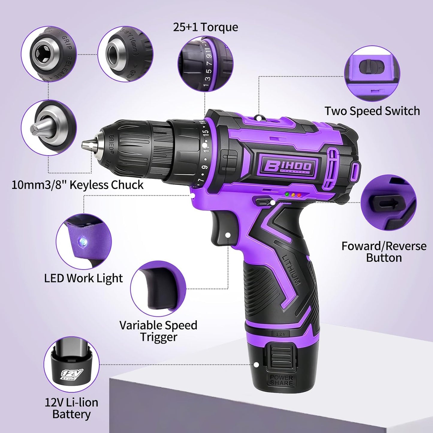Purple 12V Cordless Drill with 3/8" Keyless Chuck for Gift for Men Women | 25+1 Torque Settings, 25Nm, 43Pcs Drill Bit Set, 0-1600 RPM Dual Speed, 2000mAh Li-ion, LED Light, Electric Screwdriver