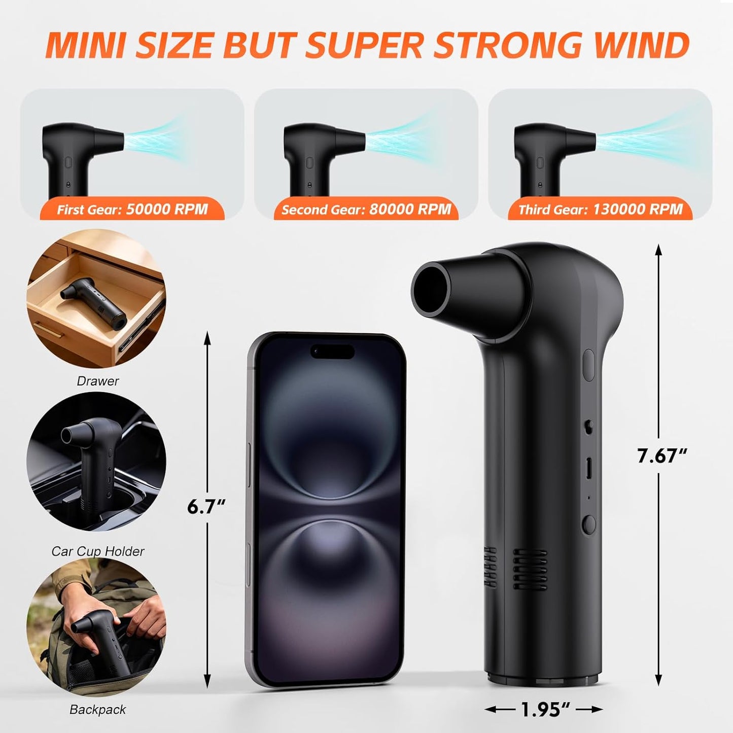 Electric Air Duster 2-in-1 Vacuum Blower, Portable Vacuum Cleaner150W Brushless Motor 130000 RPM, 3 Speed Cordless Rechargeable Cleaner for Keyboard, Electronics, Home, Car