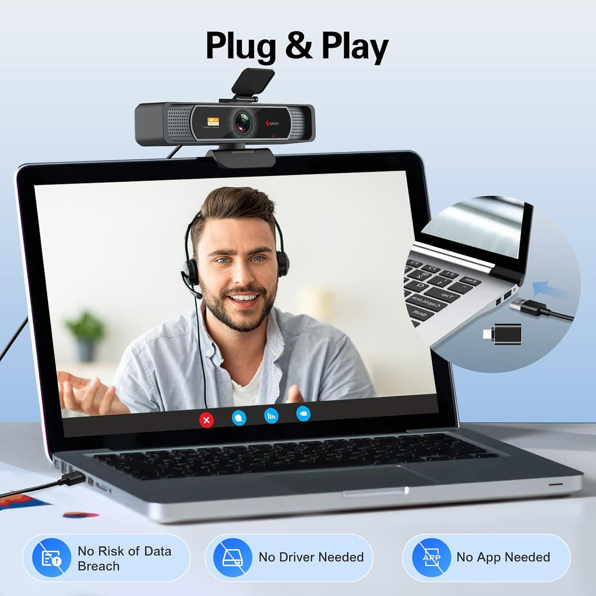 Angetube Wide Angle 4K Webcam for PC, 120° FOV Video Conference Web Camera | PDAF Autofocus, 2 Noise-Cancelling Mics, 1080P@60FPS, Auto Light Correction, USB-A/C, Privacy Cover, for Mac Laptop Desktop