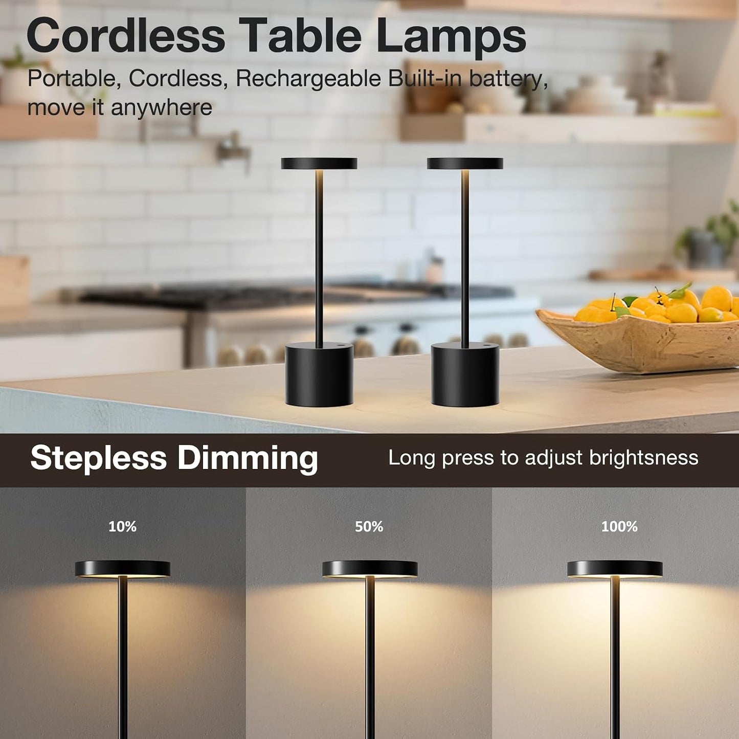 Rechargeable Cordless Table Lamp, 4000mAh Battery Operated, Black, 2 Pack | Wireless LED Lamp, 3 Color Modes, Stepless Dimming, for Dining Room, Bedroom, Bar, Cafe, Restaurant, Outdoor Patio, Camping