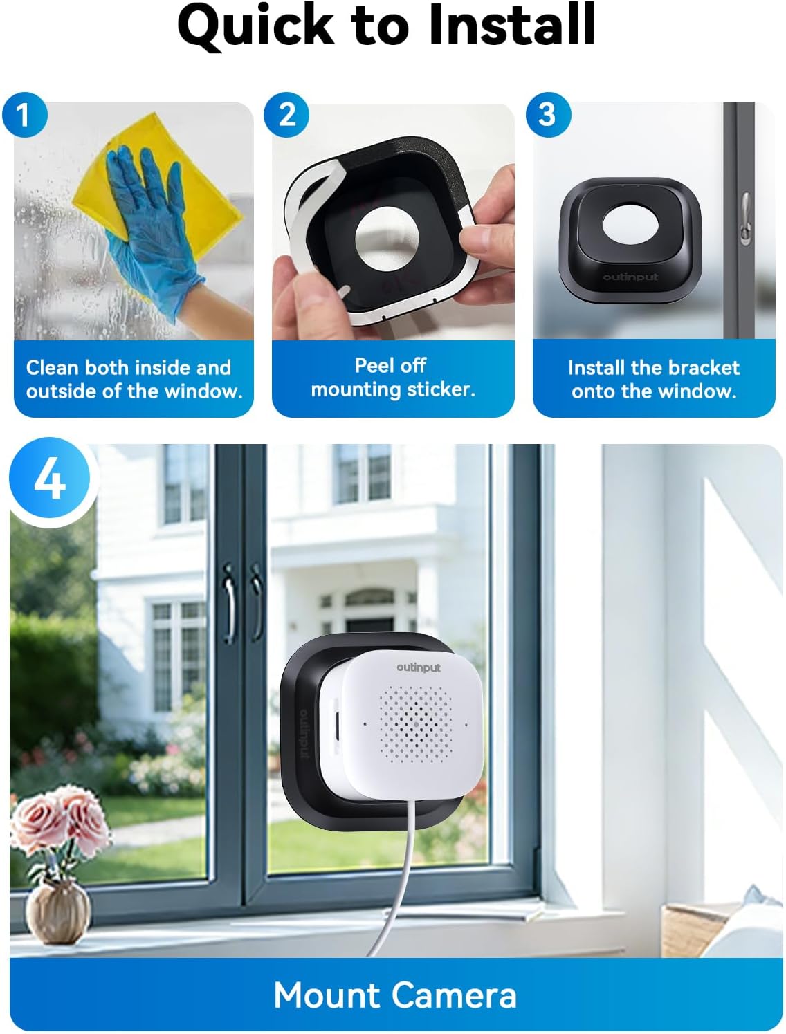 Outinput 3MP 2K No Drill Window Camera for Home Security, 2.4G&5GHz Surveillance Camera with Adjustable View Angle Mount, AI Color Night Vision, Person and Motion Detection, 24/7 Recording, Anti-Glare