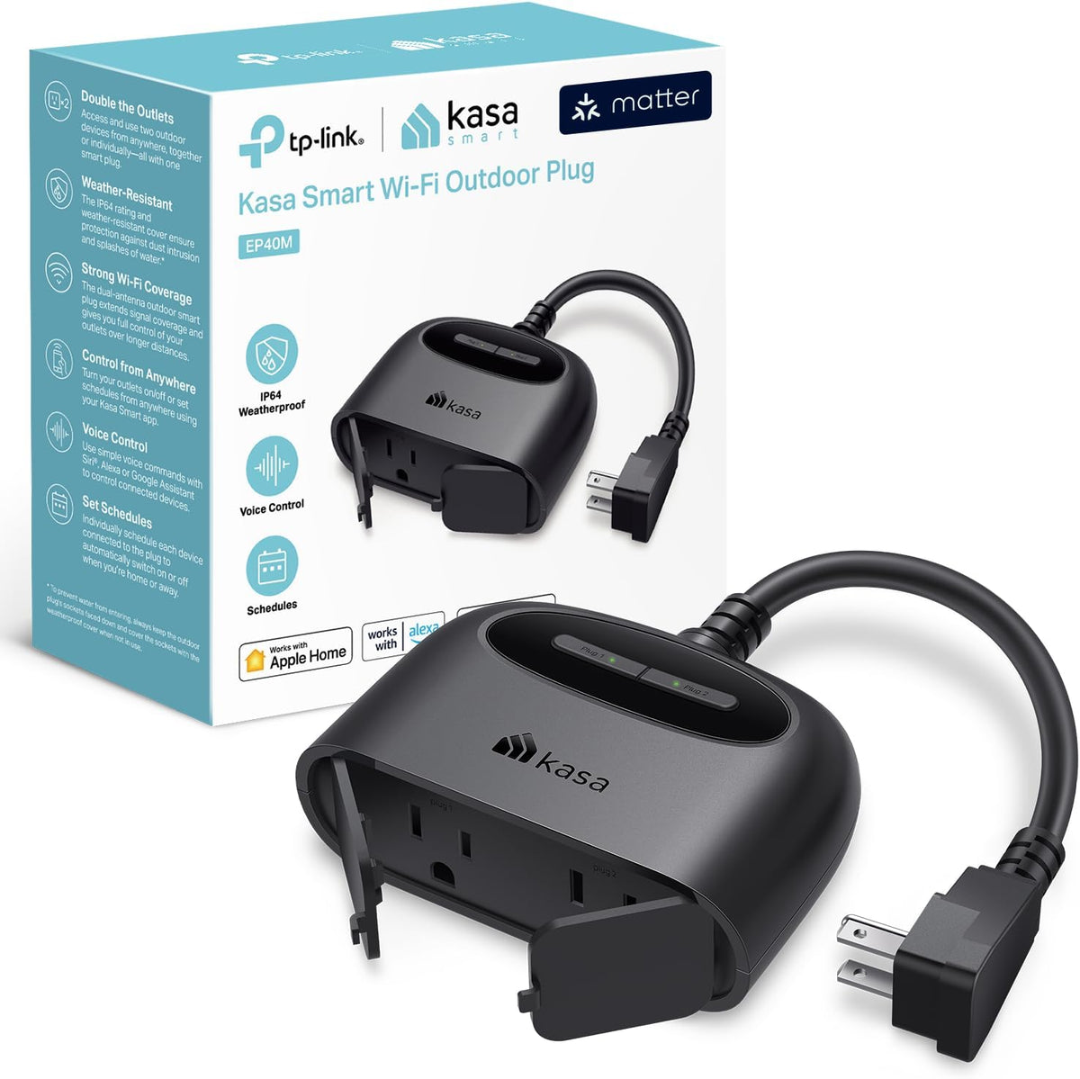 Kasa Outdoor Smart Plug, Smart Home Wi-Fi Outlet with 2 Sockets, EP40