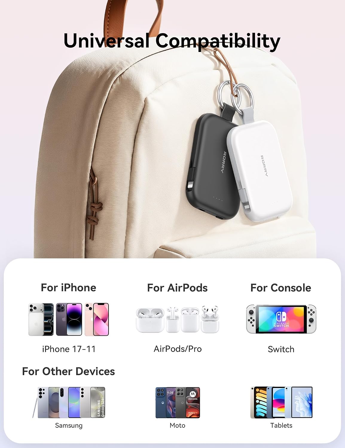 RORRY CharmGo Portable Charger, 5000mAh Power Bank with Built-in Cables | 20W,Keychain,Travel Essential,Battery Pack,USB-C,Compact,All in Mini,for iPhone 17/16/15,for AirPods 2/3/4/Pro,for iPad