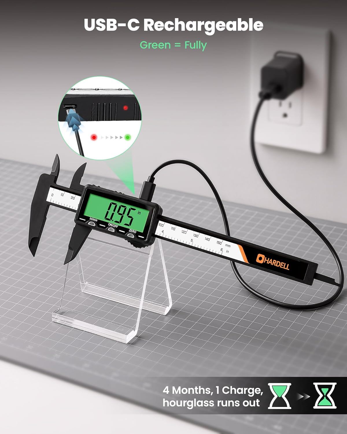 HARDELL Rechargeable Digital Caliper 6" Plastic Calipers Green Screen | High-Contrast Everyday Caliper Measuring Tool Inch/MM Auto-Off Woodworking DIY Jewelry Household Non-Backlight