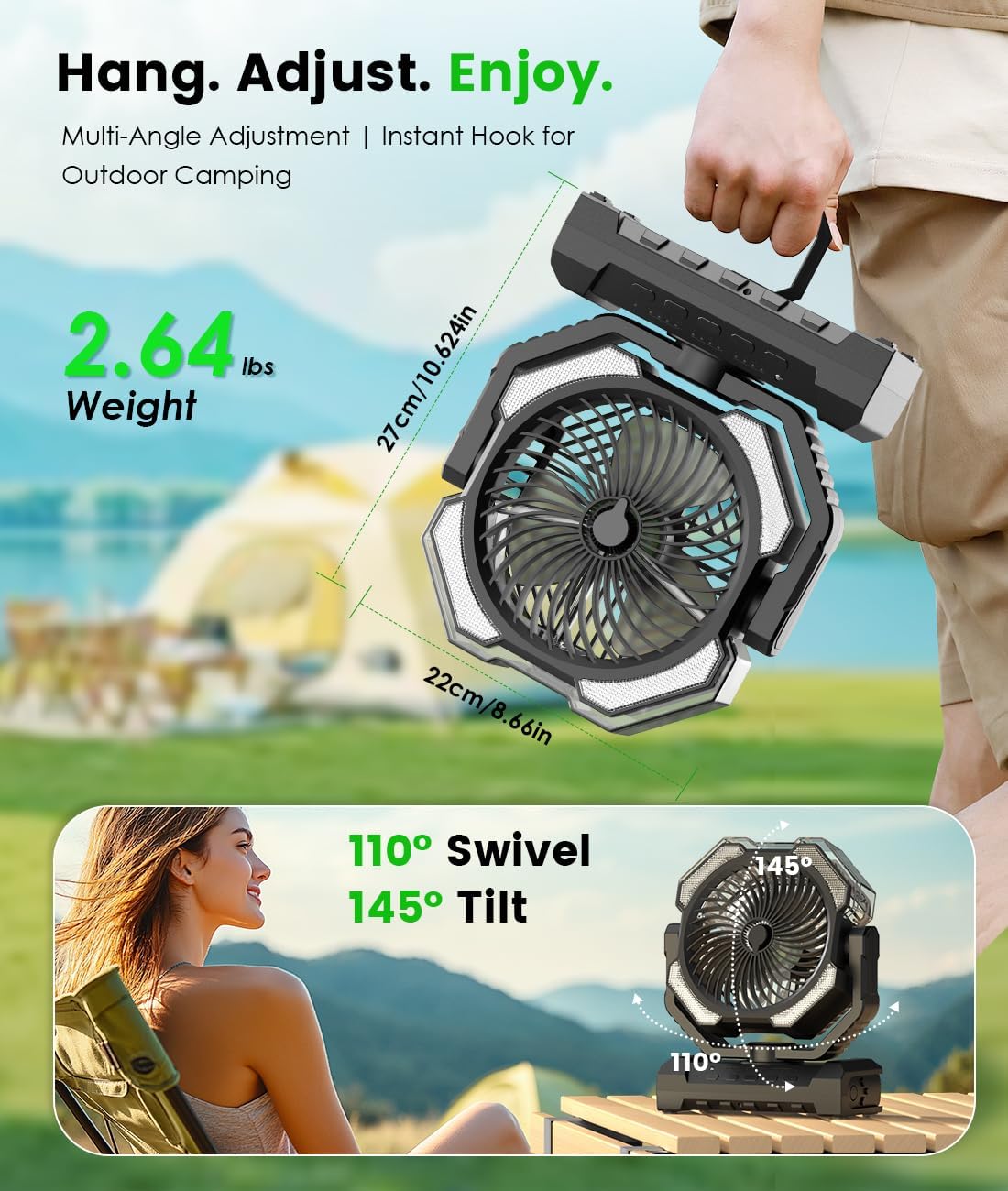 Camping Misting Fan, 24000mAh Portable Battery Powered Fan with Mist, Light | 9oz Water Tank, 2 Mode Last 5H Mister, Rechargeable, 120H Cooling, 4 Speeds, Sleep Mode, for Outdoor Gear, Travel Essentials