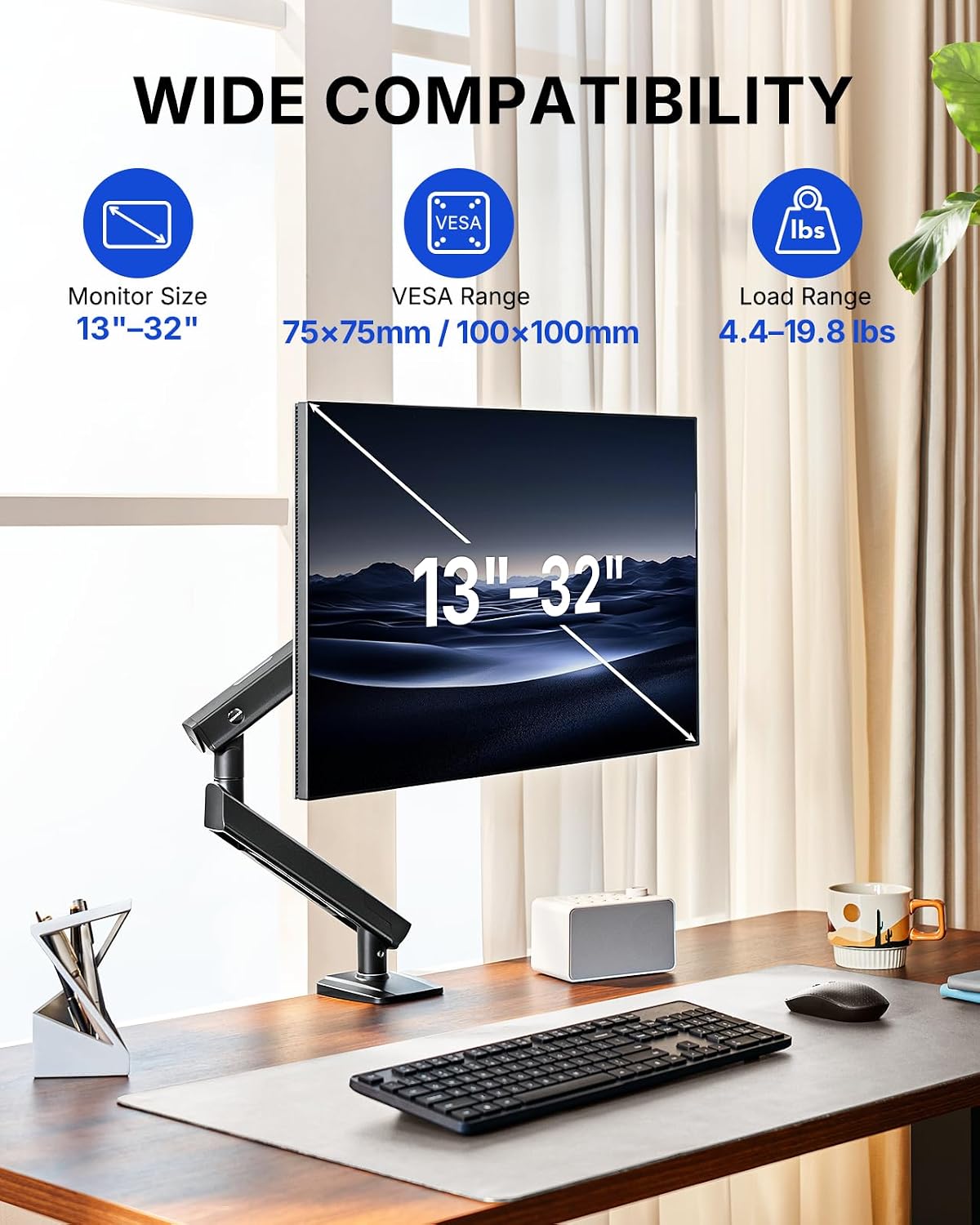 HUANUO FlowLift™ Pro Monitor Arm for 13–32" Screens, MechaSpring Monitor Mount, Fully-Adjustable Monitor Stand with Tilt/Swivel/Rotation, Tool-Free VESA Mount, C-Clamp/Grommet Base, Max Load 19.8 lbs