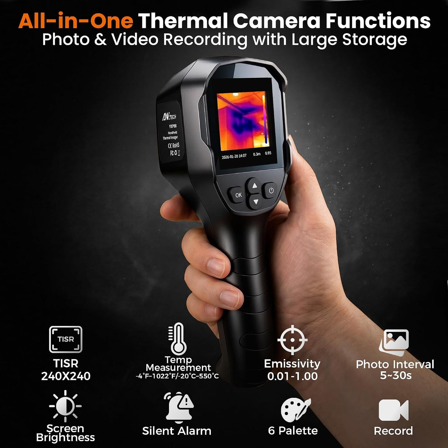 240x240 Thermal Camera 25Hz Handheld for Leak Detection HVAC | 14hr battery, 50°FOV, 2.8" LCD, for home inspection, electrical, plumbing, roofing, automotive diagnostics
