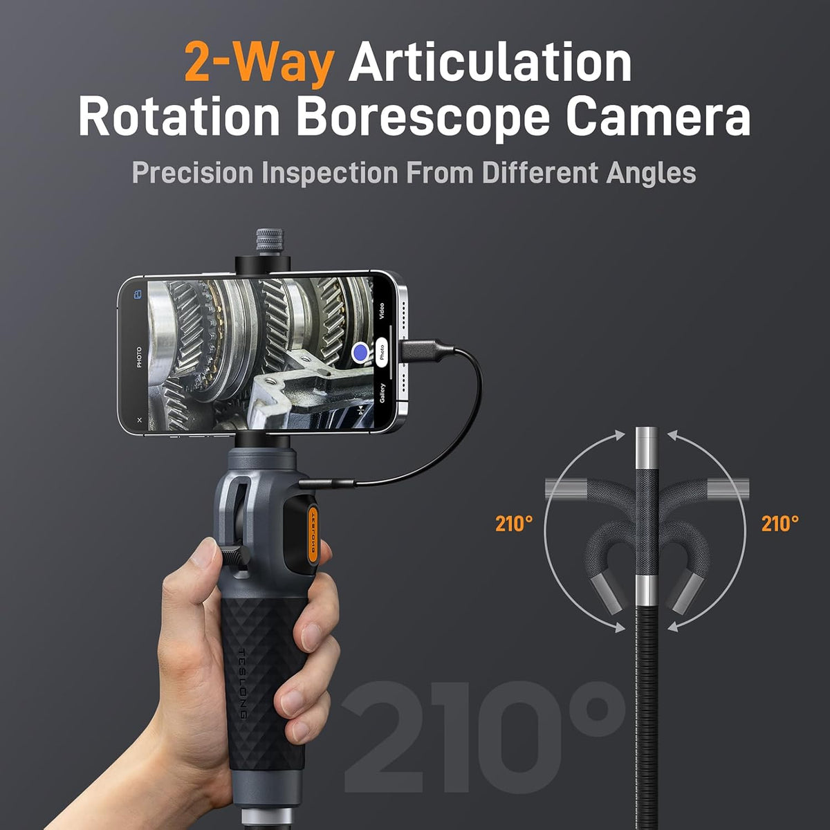 Teslong USB-C Two-Way Articulating Borescope for Home & Auto Inspection | Endoscope Camera 5FT Cable & 8 LEDs - Flexible Snake Scope for Pipe, Wall, Engine, Compatible with iPhone 15+ & Android