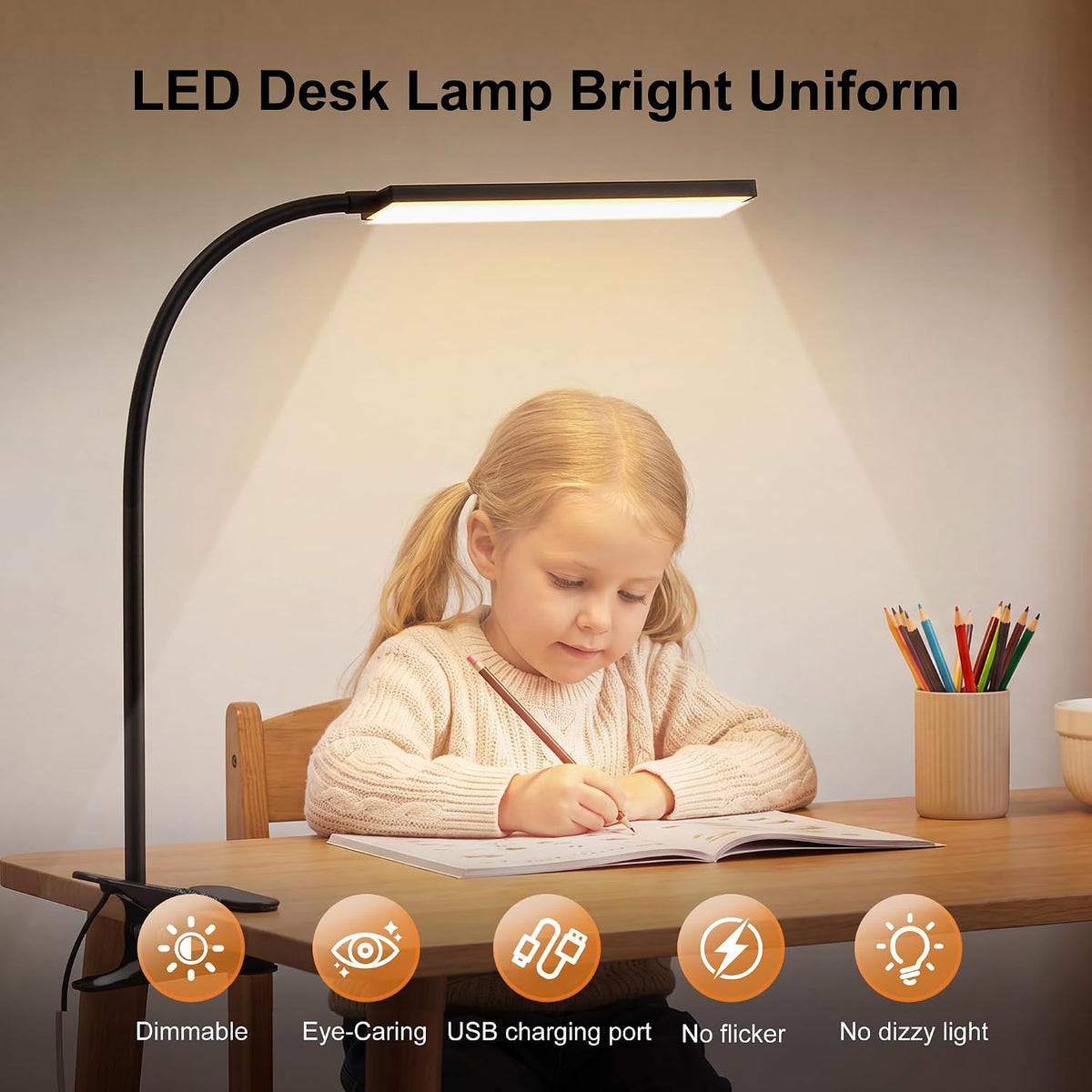 Vansuny Clip on LED Desk Lamp, Eye-Caring USB Reading Light for Home Office | 3 Color Modes,6 Brightness Levels,Adjustable Gooseneck,Sturdy Metal Clip,5W Black,Fits Dorm Bed, Monitor Side & Narrow Spaces