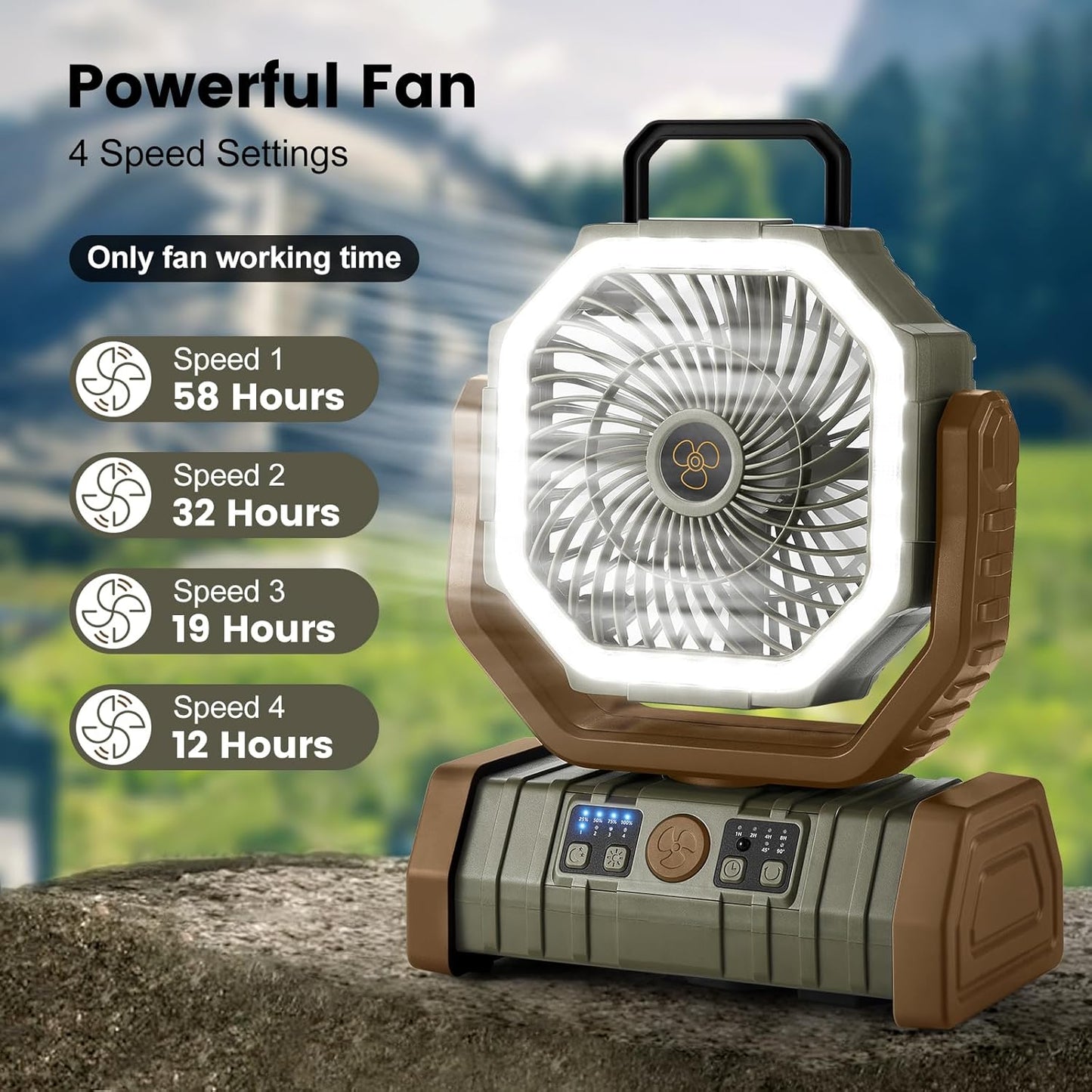Odoland 30000mAh Camping Fan with LED Lantern, Rechargeable Battery Fan | Operated Oscillating Fan with Remote & Hook, Portable Tent Fan with Timer, 4 Speeds for Outdoor Camp RV Power Outage, Brown