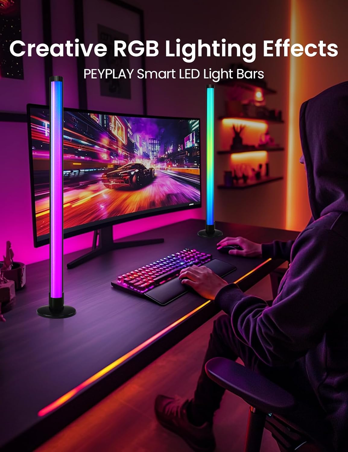 RGB+IC Ambient LED Light Bars for Gaming Room, PC, and Home Décor, USB Powered Mood Lighting with Music Sync, Alexa, App & Voice Control, Adjustable Brightness, DIY Effects