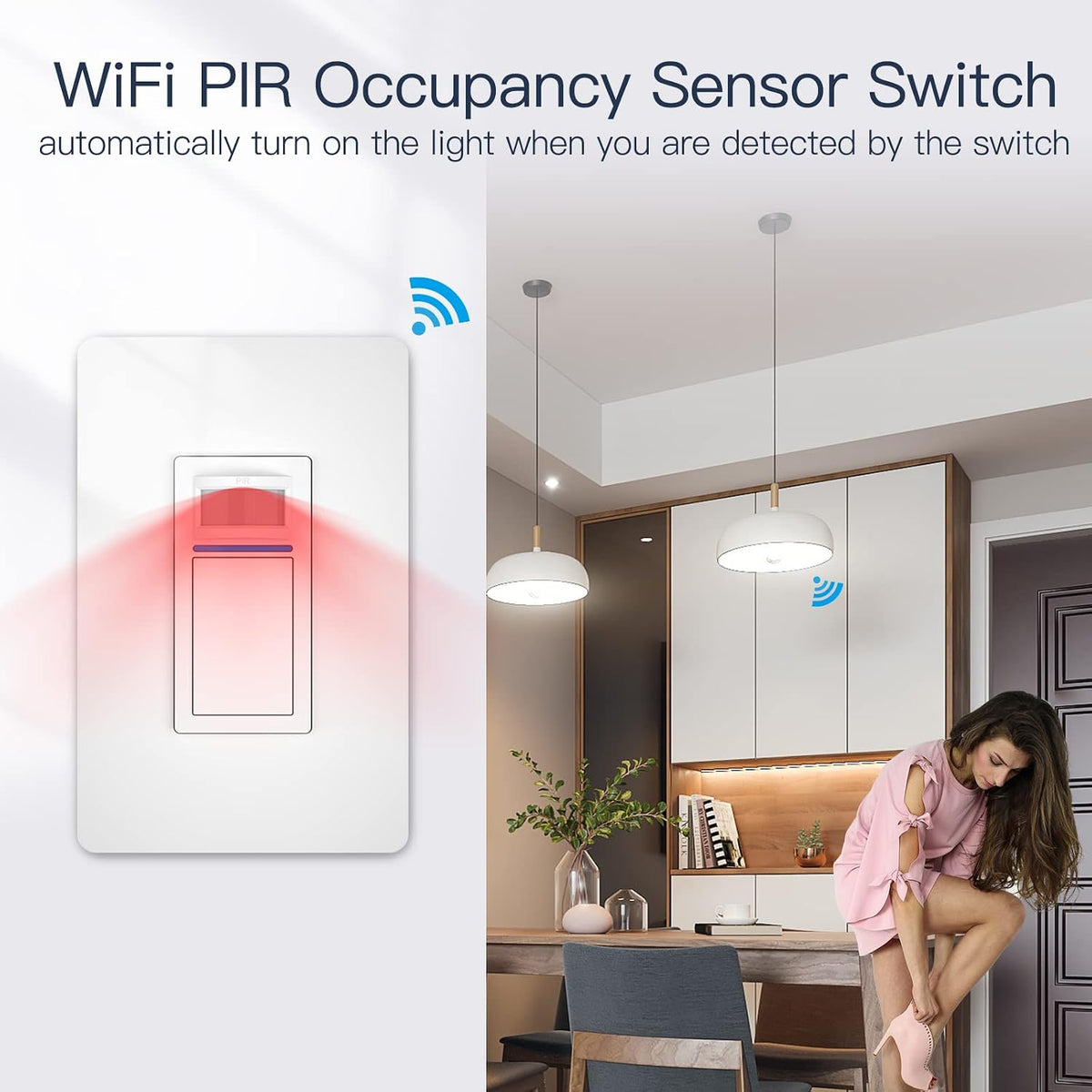MOES Smart Motion Sensor Switch Single Pole, Needs Neutral Wire, Wi-Fi PIR Infrared Motion Activated Light Switch, Smart Life Tuya APP Remote Control Compatible with Alexa and Google, FCC Listed