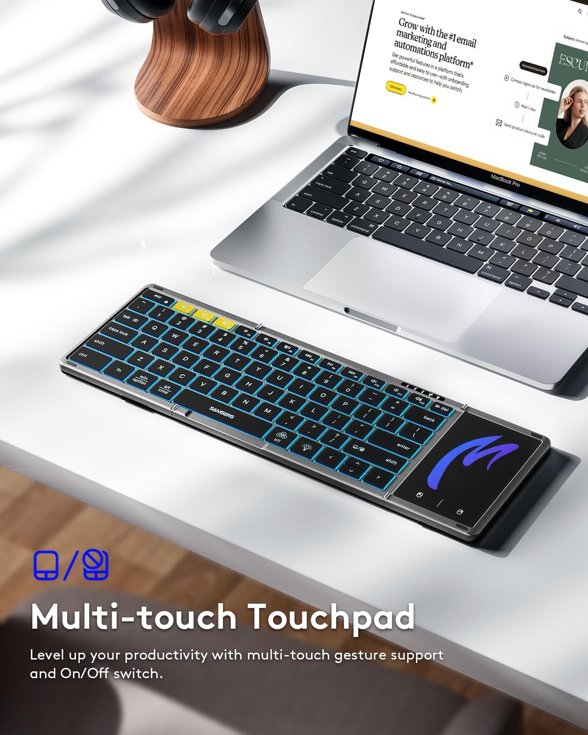 Samsers Full-Size Backlit Foldable Bluetooth Keyboard with Touchpad, Gray