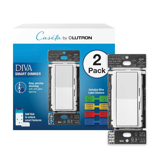Lutron Diva Smart Dimmer Light Switch for Caseta Lighting (Lutron Smart Hub Required), for LED Lights, 150W, Single-Pole/3-Way, No Neutral, White, 2 Pack (DVRF-6LS-WH-2)