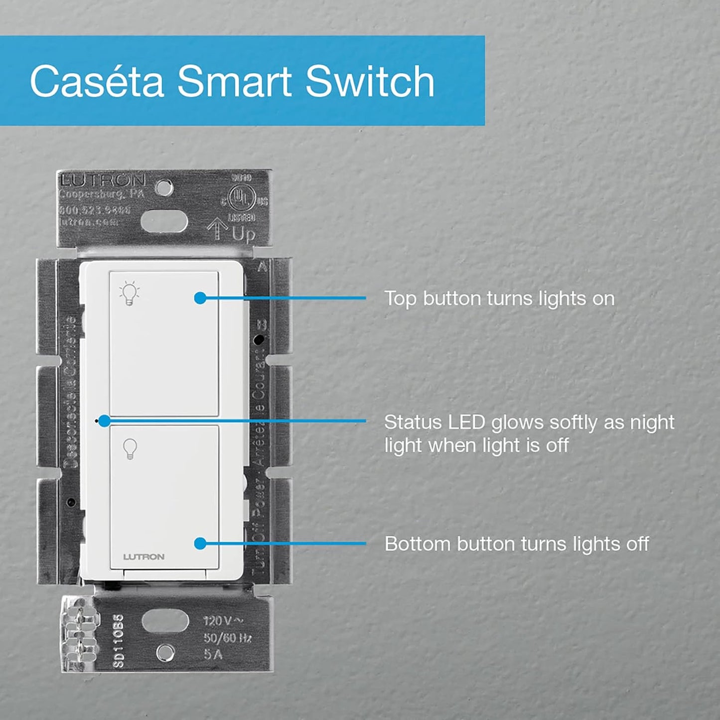 Lutron Caseta Original Smart Light Switch (Lutron Smart Hub Required), for Home, LED Lights, and Fans, 6 Amp, Single-Pole/3-Way, Neutral Required, PD-6ANS-WH, White