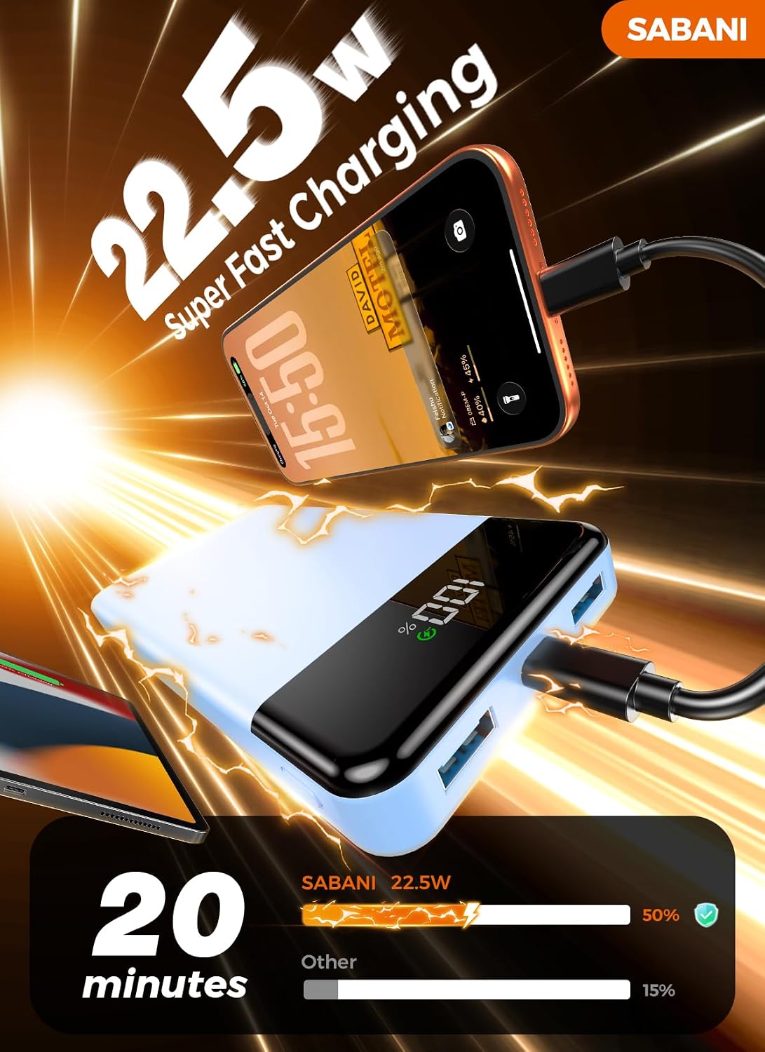 SABANI Portable Charger 35000mAh Power Bank, 4 Built in Cable Big Capacity | Ultra Slim, 22.5W Fast Charge, Travel Camping Essential, USB C External Battery Pack for iPhone Samsung Android, Azure