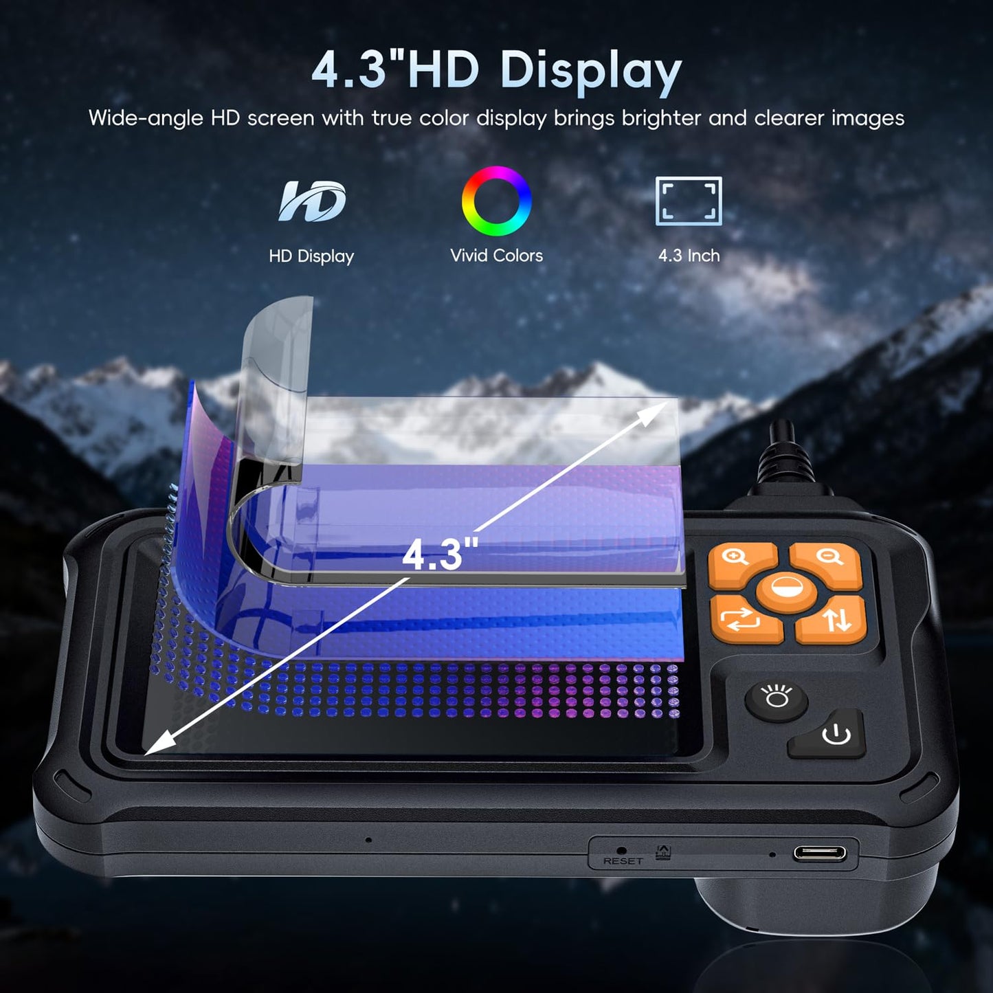 Industrial Endoscope Borescope Camera with Light, 4.3'' HD Digital Handheld Waterproof Sewer Tools Snake Inspection Camera with 8 LED Lights 16.5FT Semi-Rigid Cable, Gadgets for Men