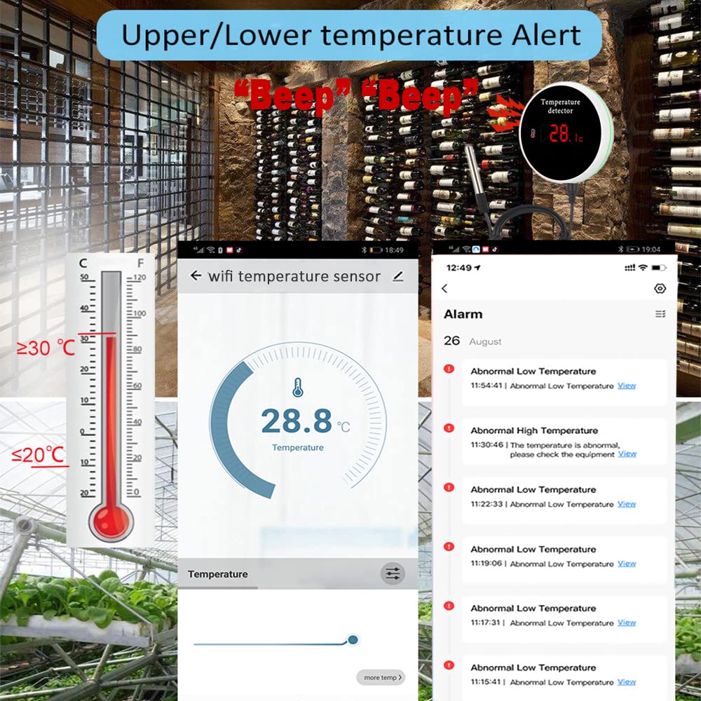 WiFi Temperature Sensor Smart Thermometer: Digital Temperature Monitor Gauge with Waterproof External Probe, App Alert &amp; Buzzer Alarm, Rechargeable Battery, for Freezer, Refrigerator, Fish Tank